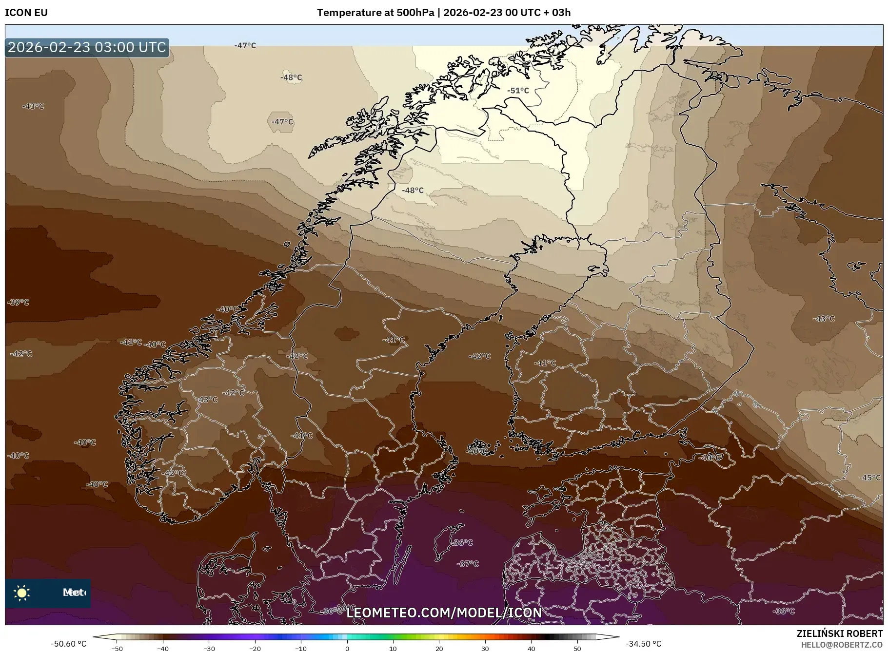 ICON model - إسكندنافيا, درجة الحرارة 500 hPa
