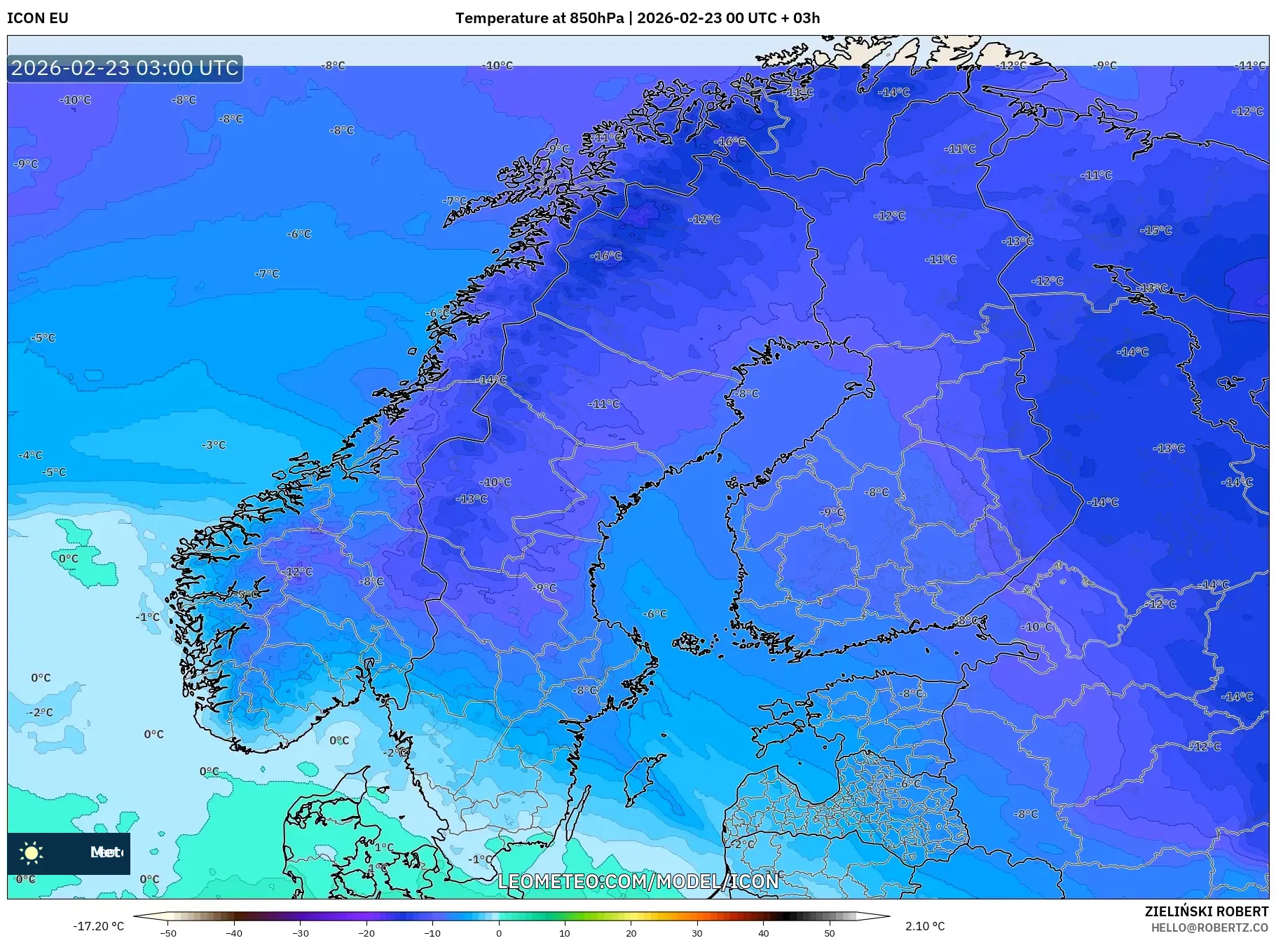 ICON model - إسكندنافيا, درجة الحرارة 850 hPa