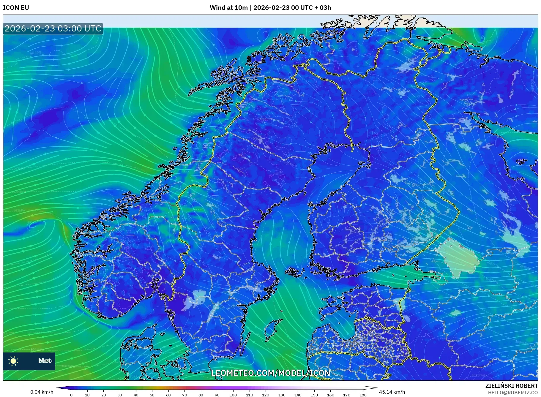 ICON model - إسكندنافيا, رياح 10 م