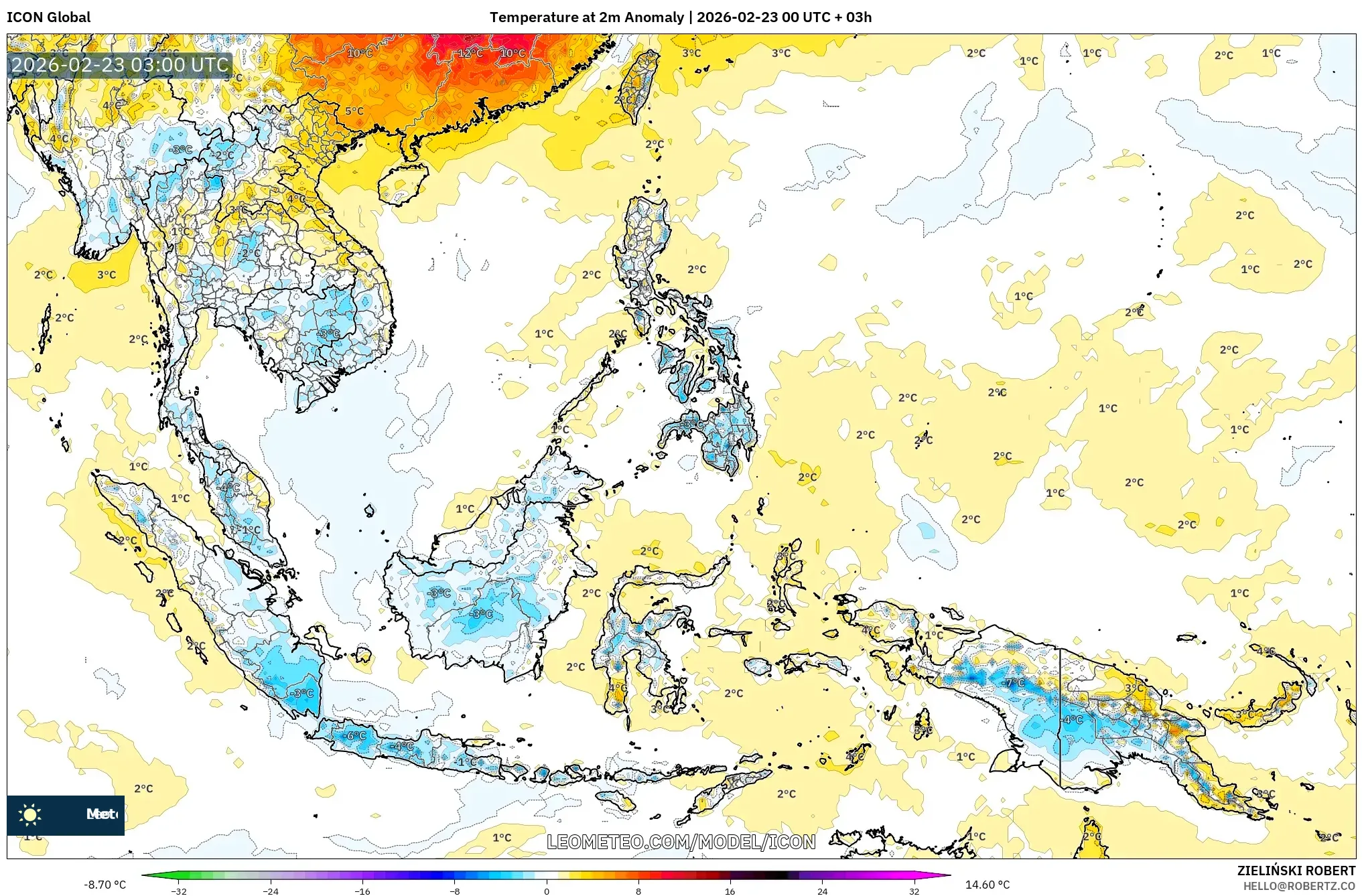 ICON model - جنوب شرق آسيا, انحراف درجة الحرارة 2 م