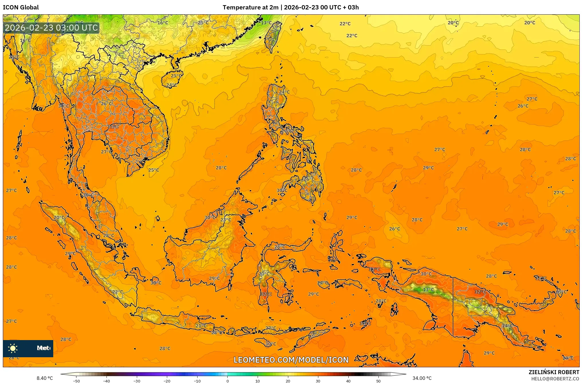 ICON model - جنوب شرق آسيا, درجة الحرارة على ارتفاع 2 م