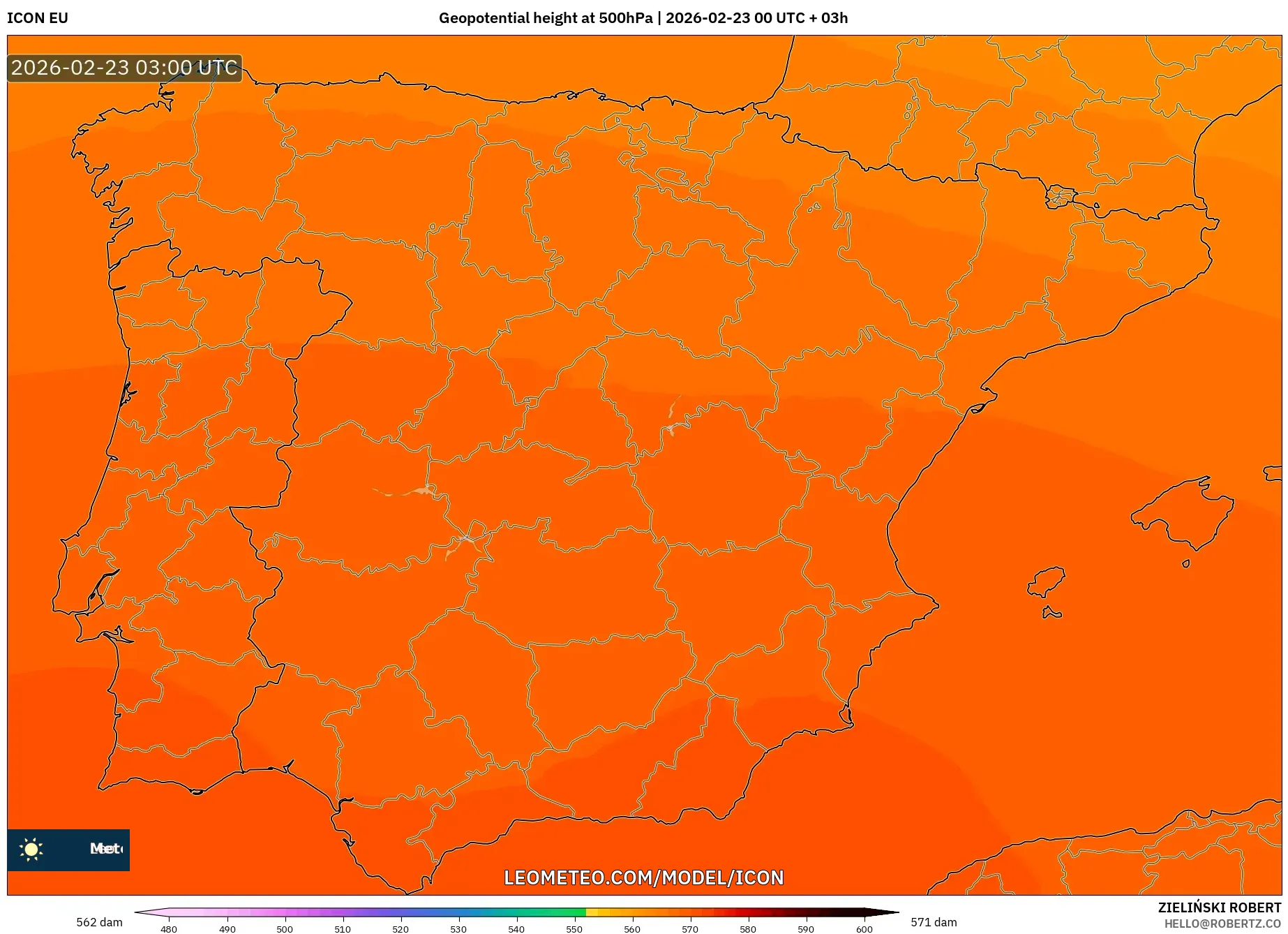 ICON model - إسبانيا, الارتفاع الجهدي عند 500 هكتوباسكال