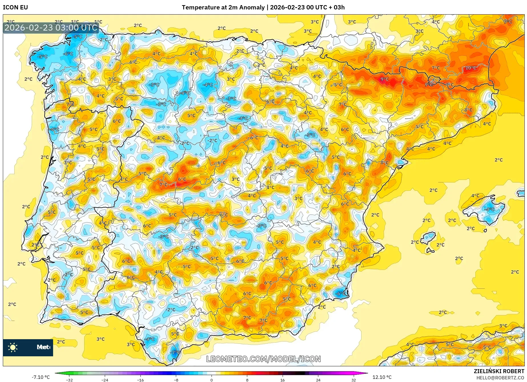 ICON model - إسبانيا, انحراف درجة الحرارة 2 م