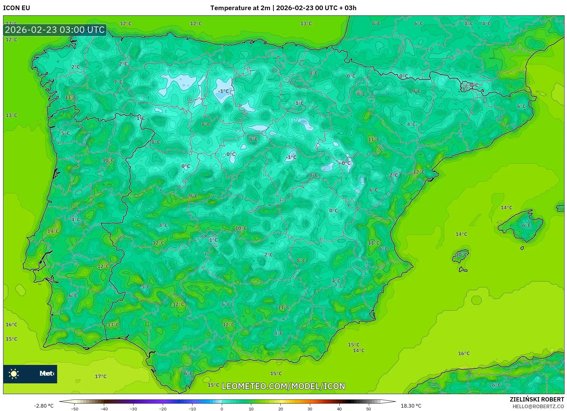 ICON model - إسبانيا, درجة الحرارة على ارتفاع 2 م