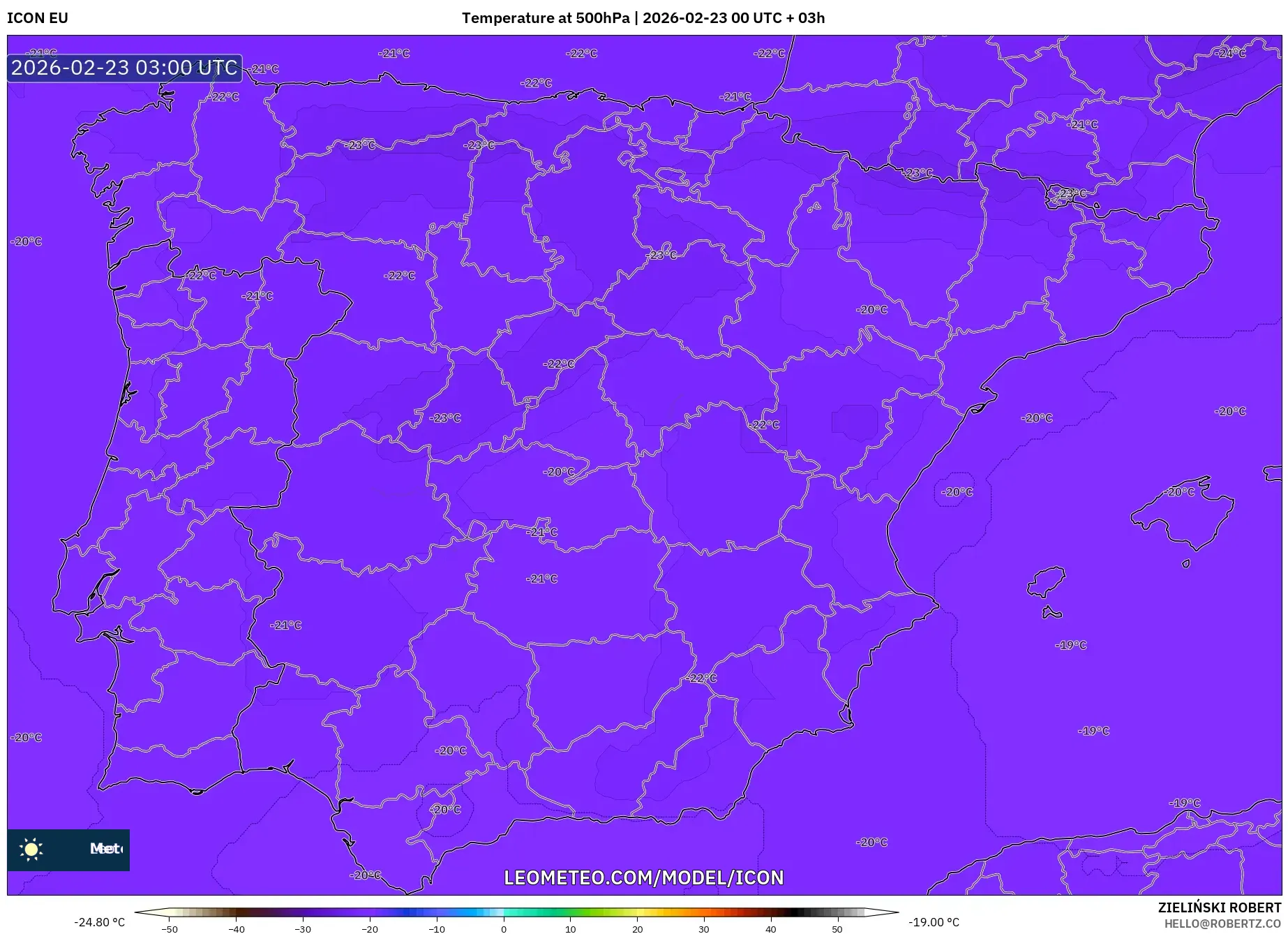 ICON model - إسبانيا, درجة الحرارة 500 hPa