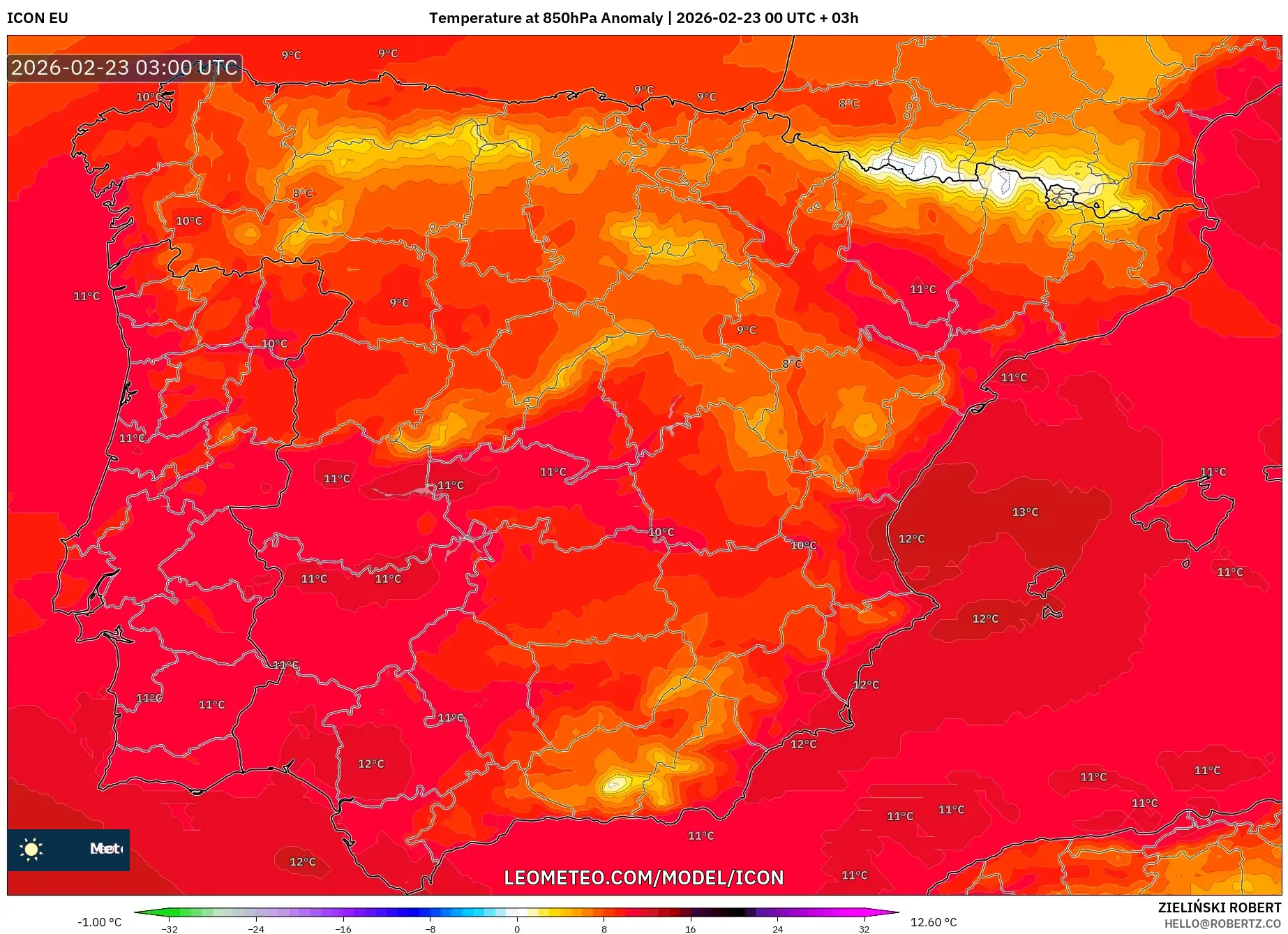 ICON model - إسبانيا, انحراف درجة الحرارة 850 hPa