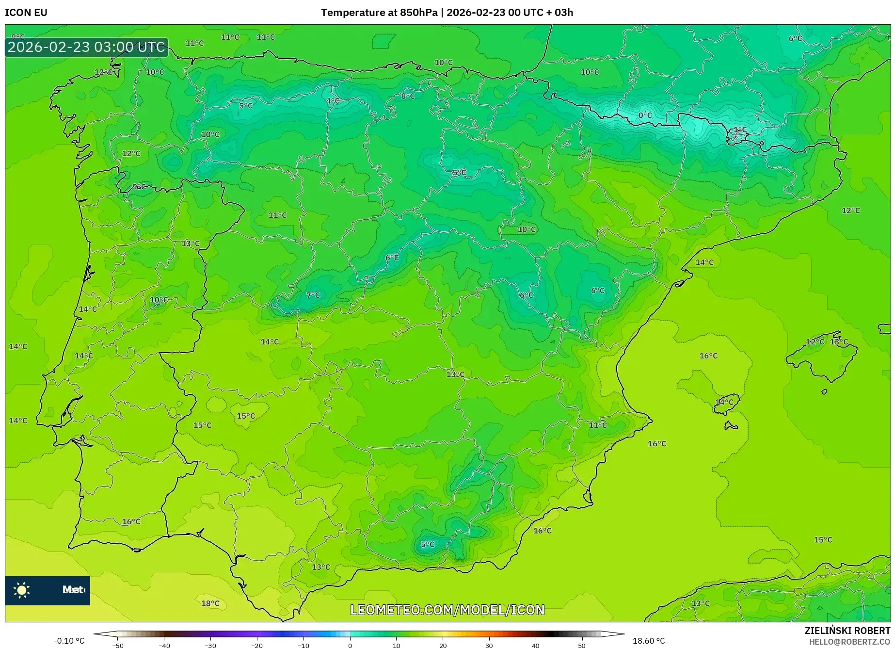 ICON model - إسبانيا, درجة الحرارة 850 hPa