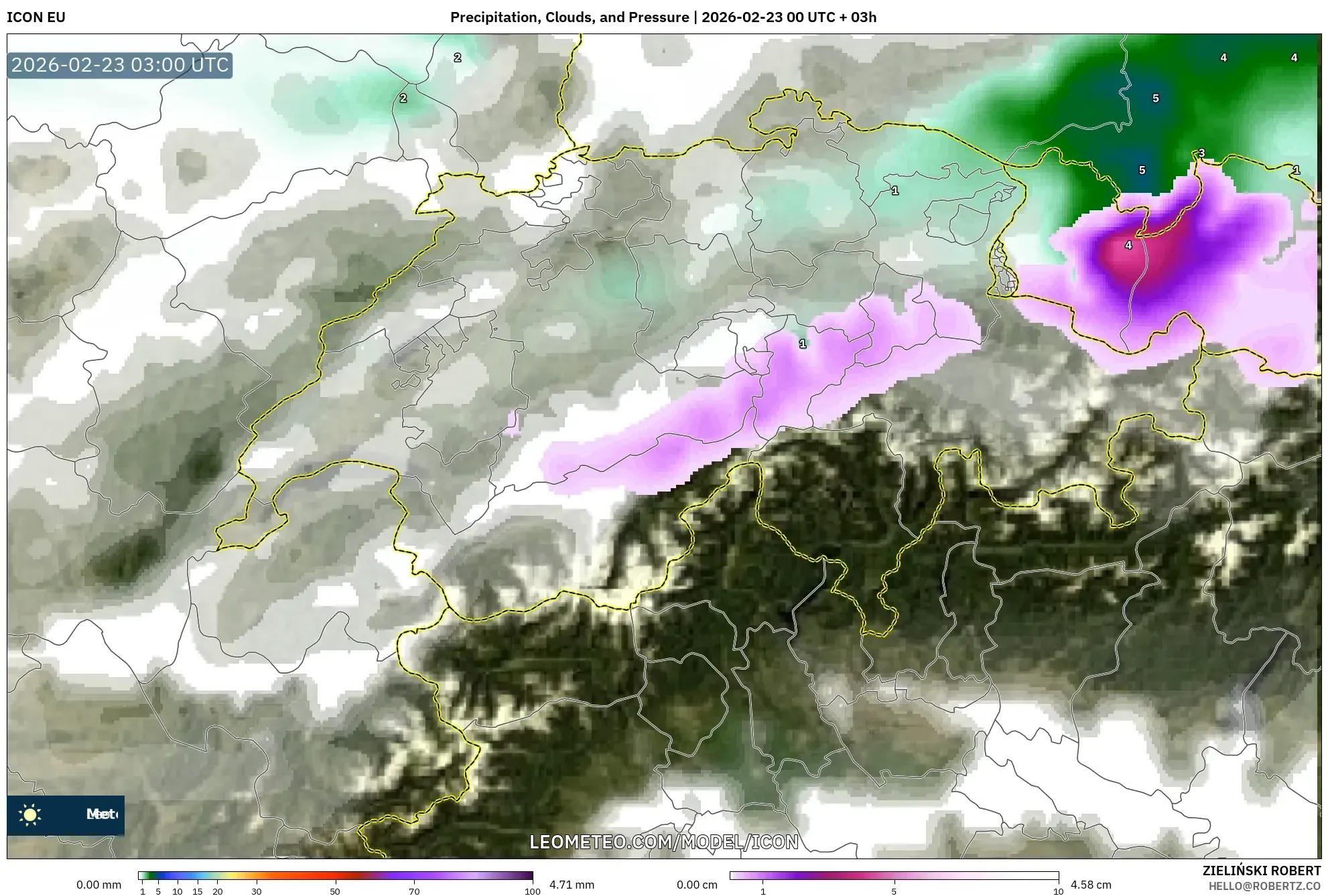 ICON model - سويسرا, الهطول والغيوم والضغط