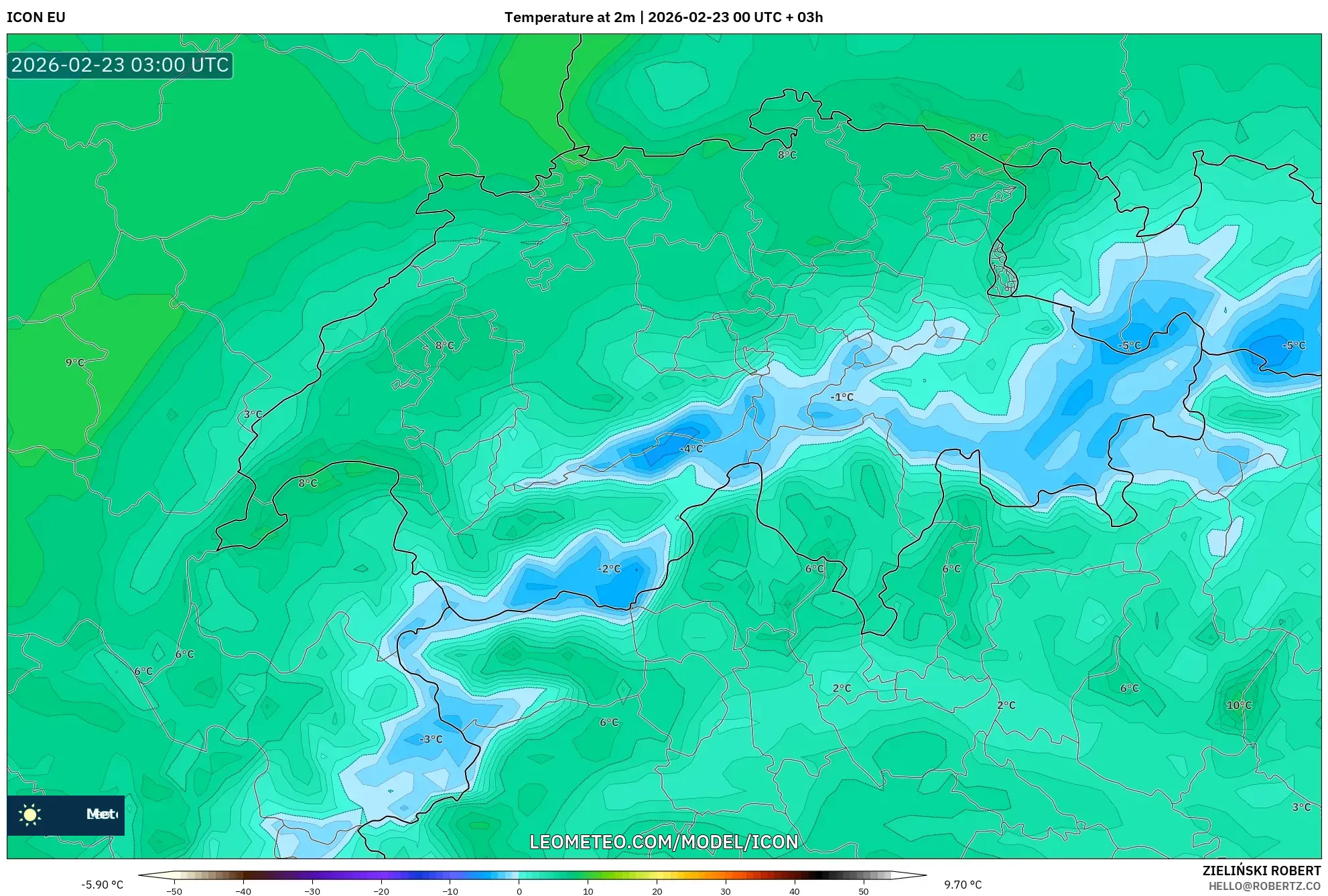 ICON model - سويسرا, درجة الحرارة على ارتفاع 2 م