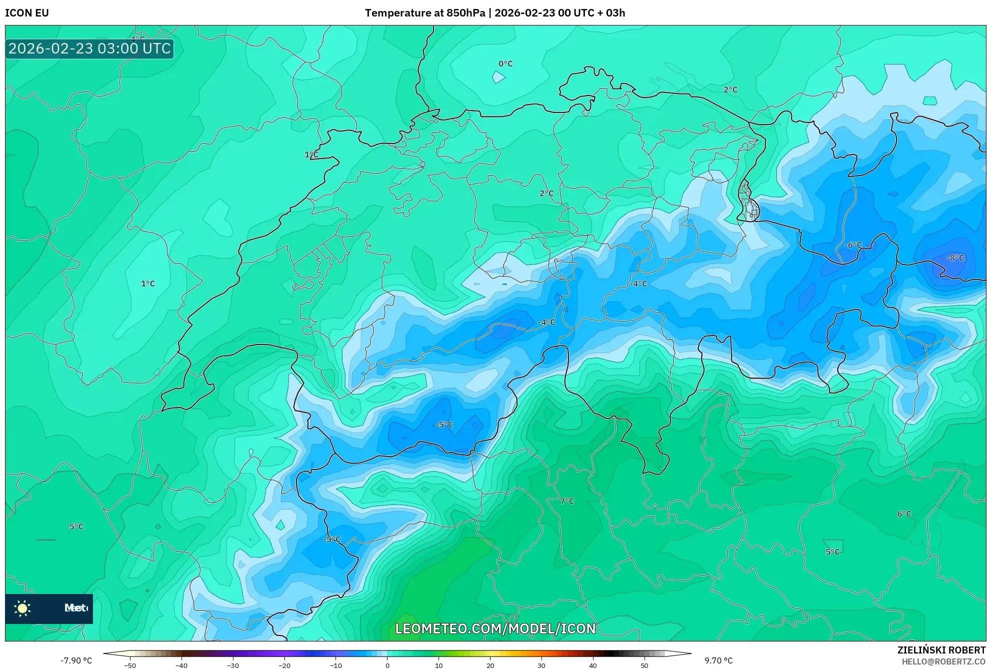 ICON model - سويسرا, درجة الحرارة 850 hPa