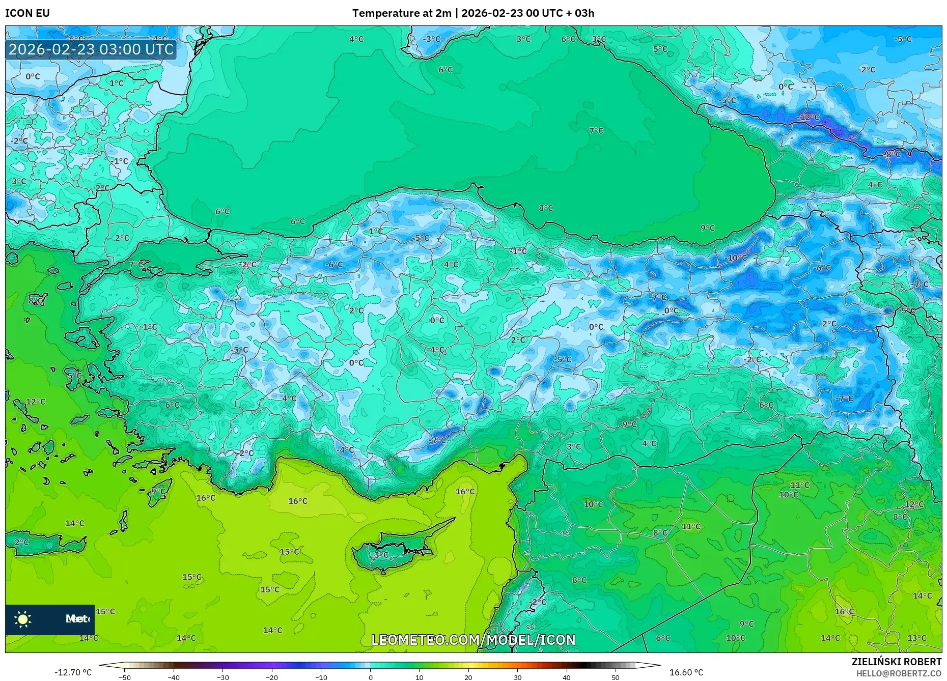 ICON model - تركيا, درجة الحرارة على ارتفاع 2 م