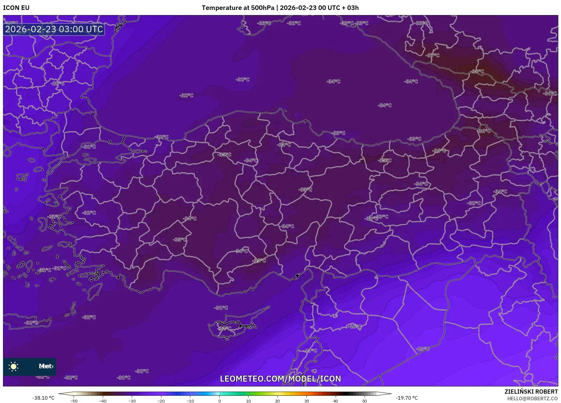 ICON model - تركيا, درجة الحرارة 500 hPa