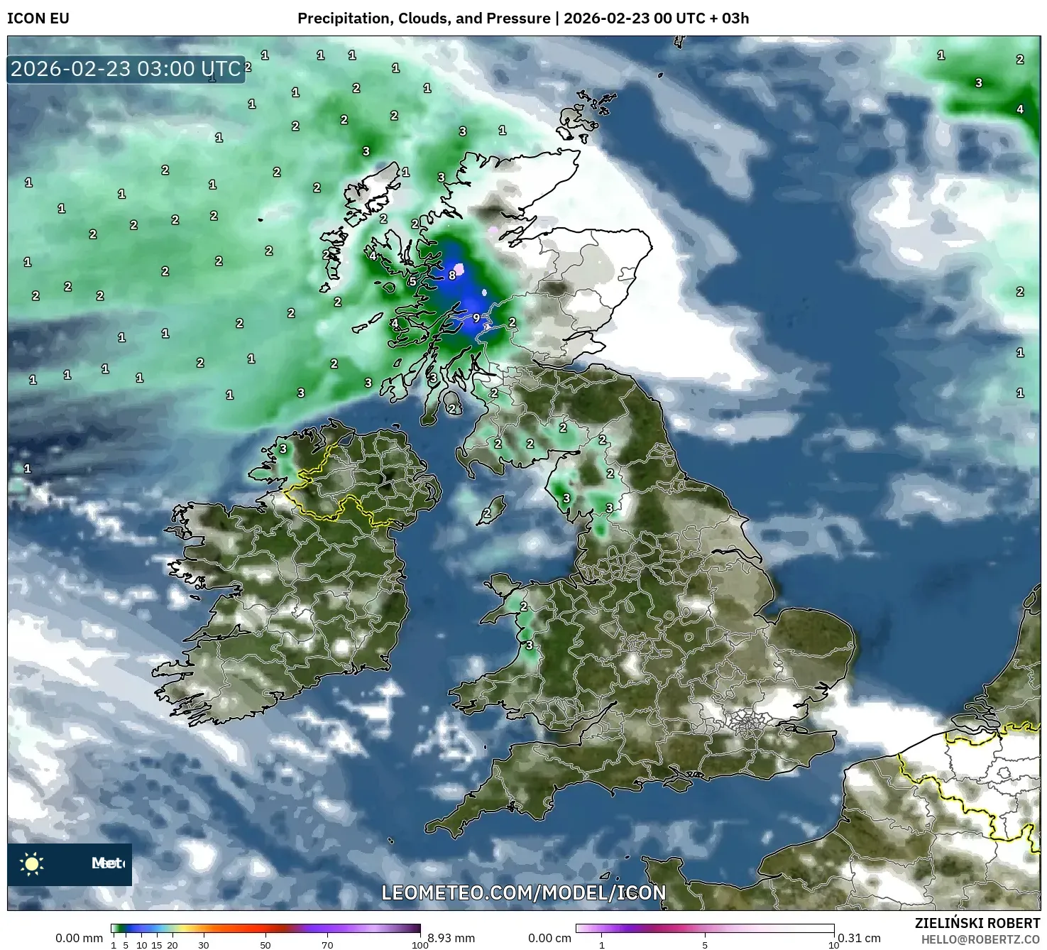 ICON model - المملكة المتحدة, الهطول والغيوم والضغط