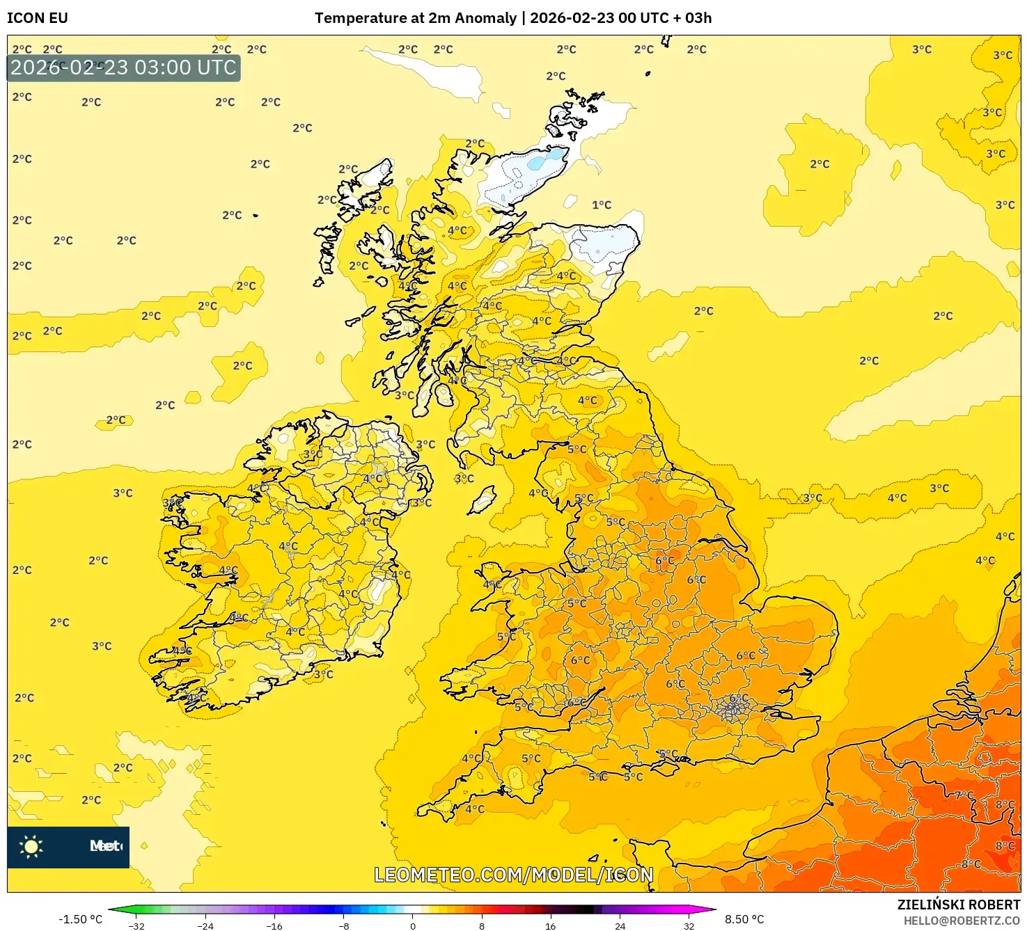 ICON model - المملكة المتحدة, انحراف درجة الحرارة 2 م