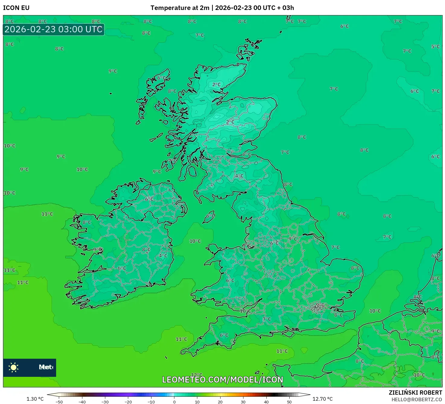 ICON model - المملكة المتحدة, درجة الحرارة على ارتفاع 2 م