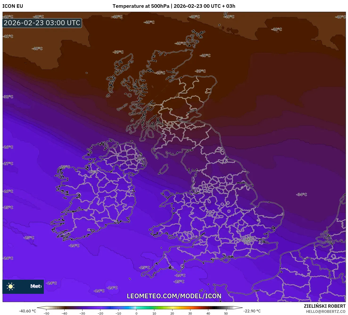 ICON model - المملكة المتحدة, درجة الحرارة 500 hPa