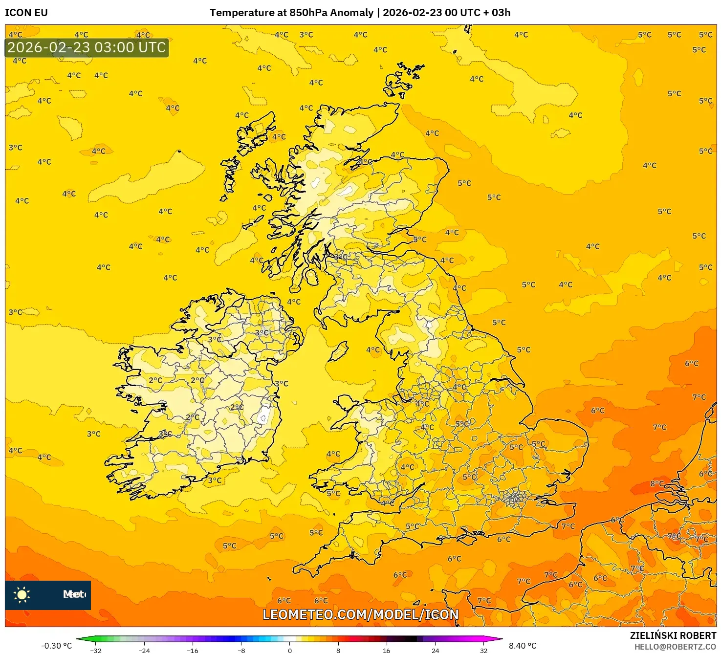 ICON model - المملكة المتحدة, انحراف درجة الحرارة 850 hPa