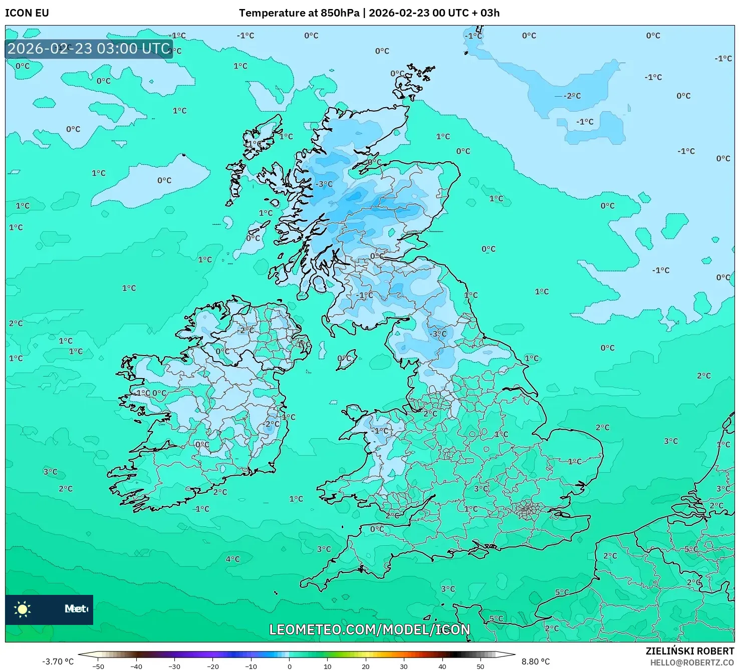 ICON model - المملكة المتحدة, درجة الحرارة 850 hPa