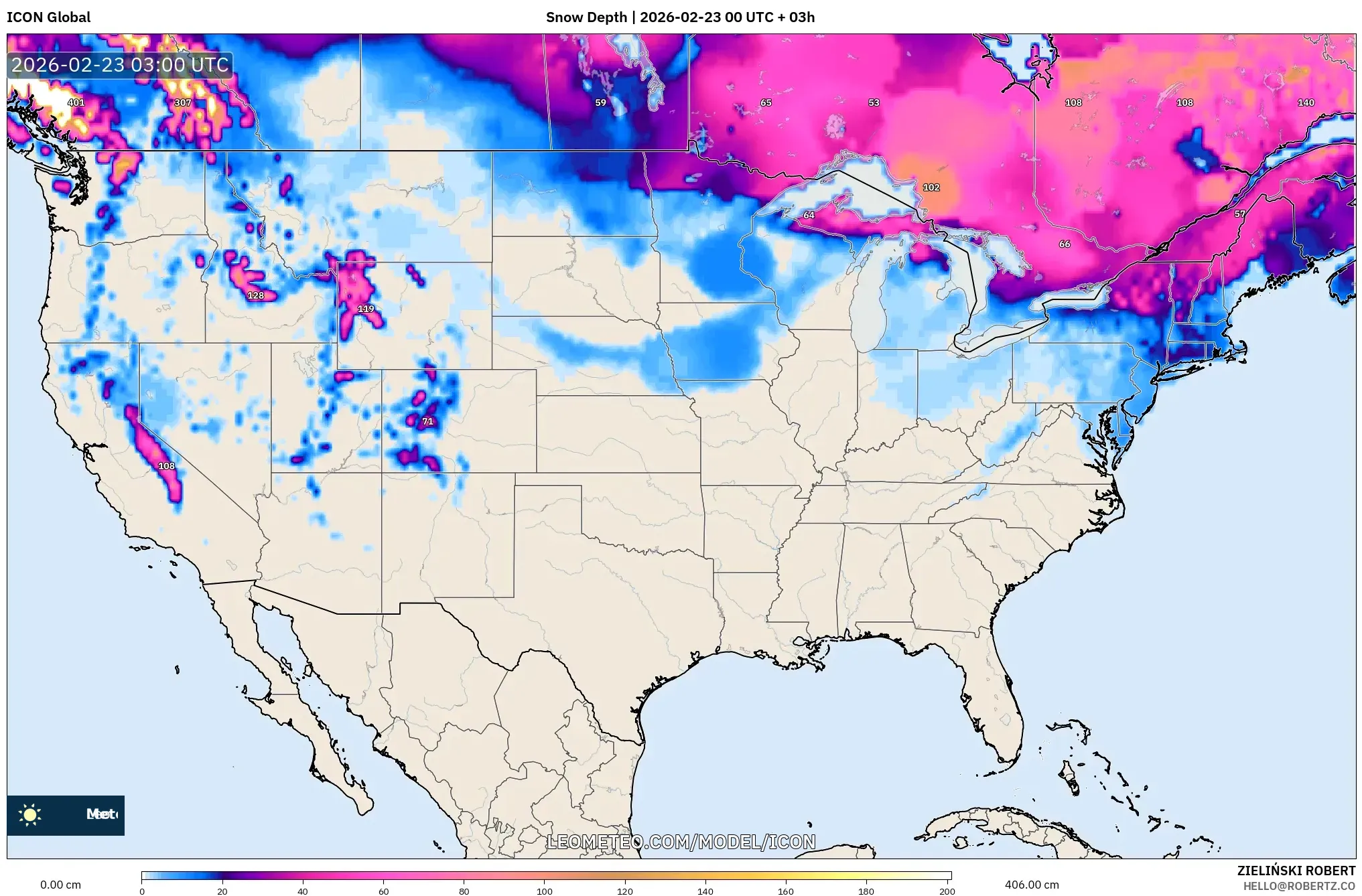 ICON model - الولايات المتحدة, عمق الثلج
