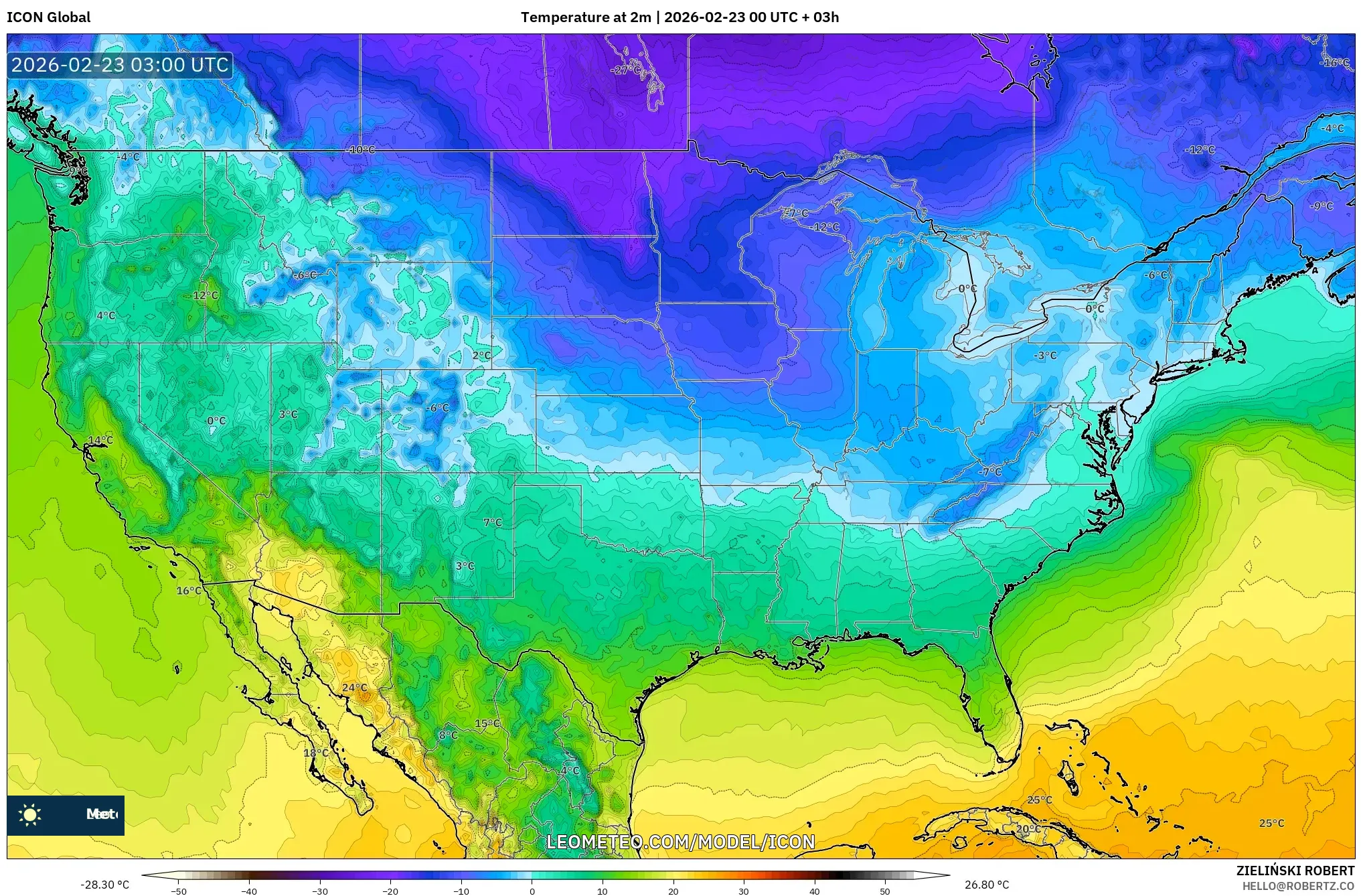 ICON model - الولايات المتحدة, درجة الحرارة على ارتفاع 2 م