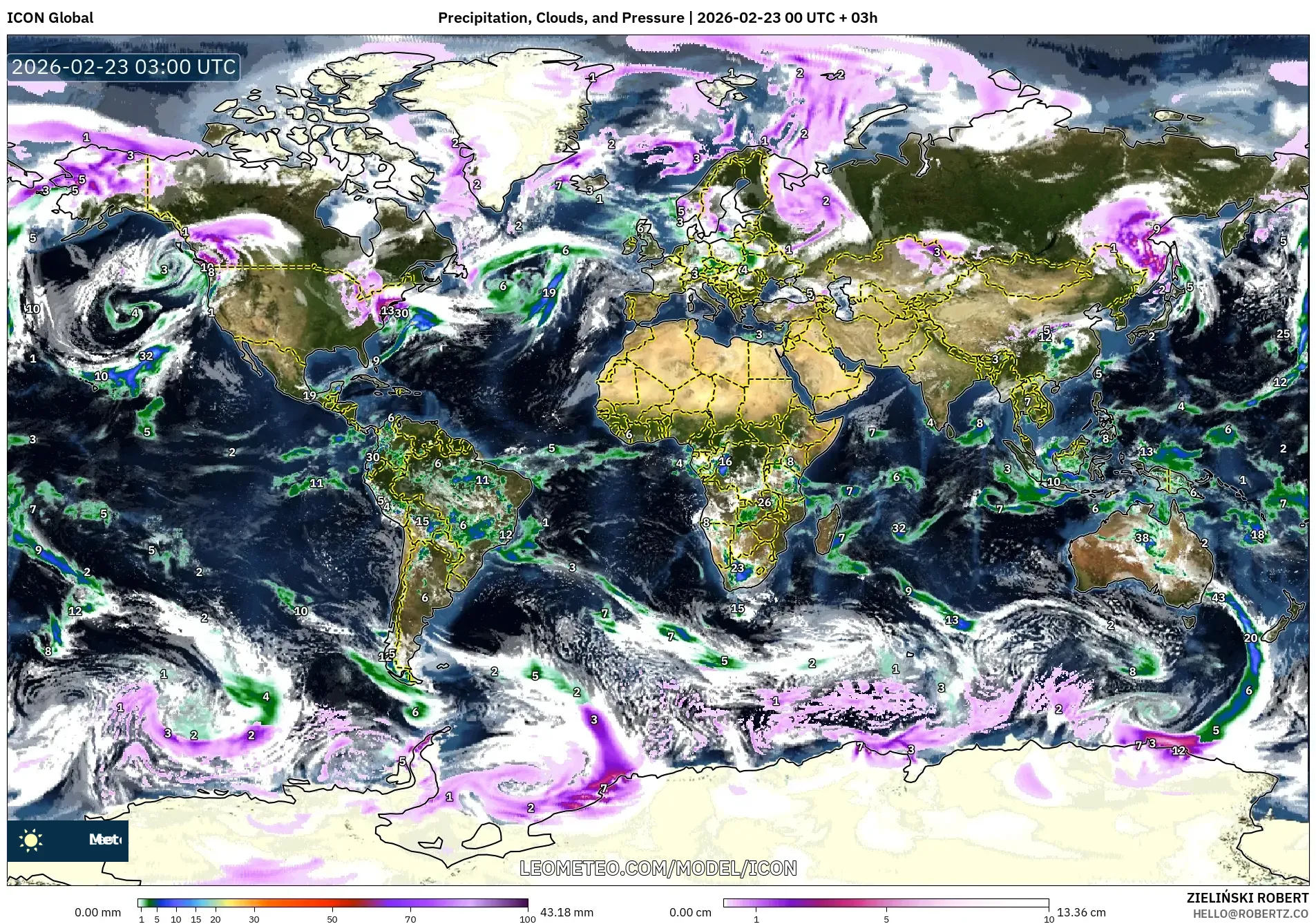 ICON model - العالم, الهطول والغيوم والضغط