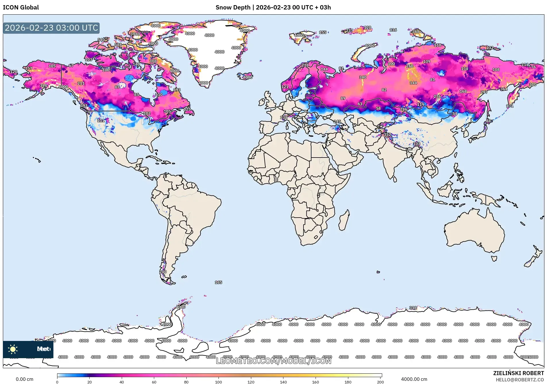 ICON model - العالم, عمق الثلج