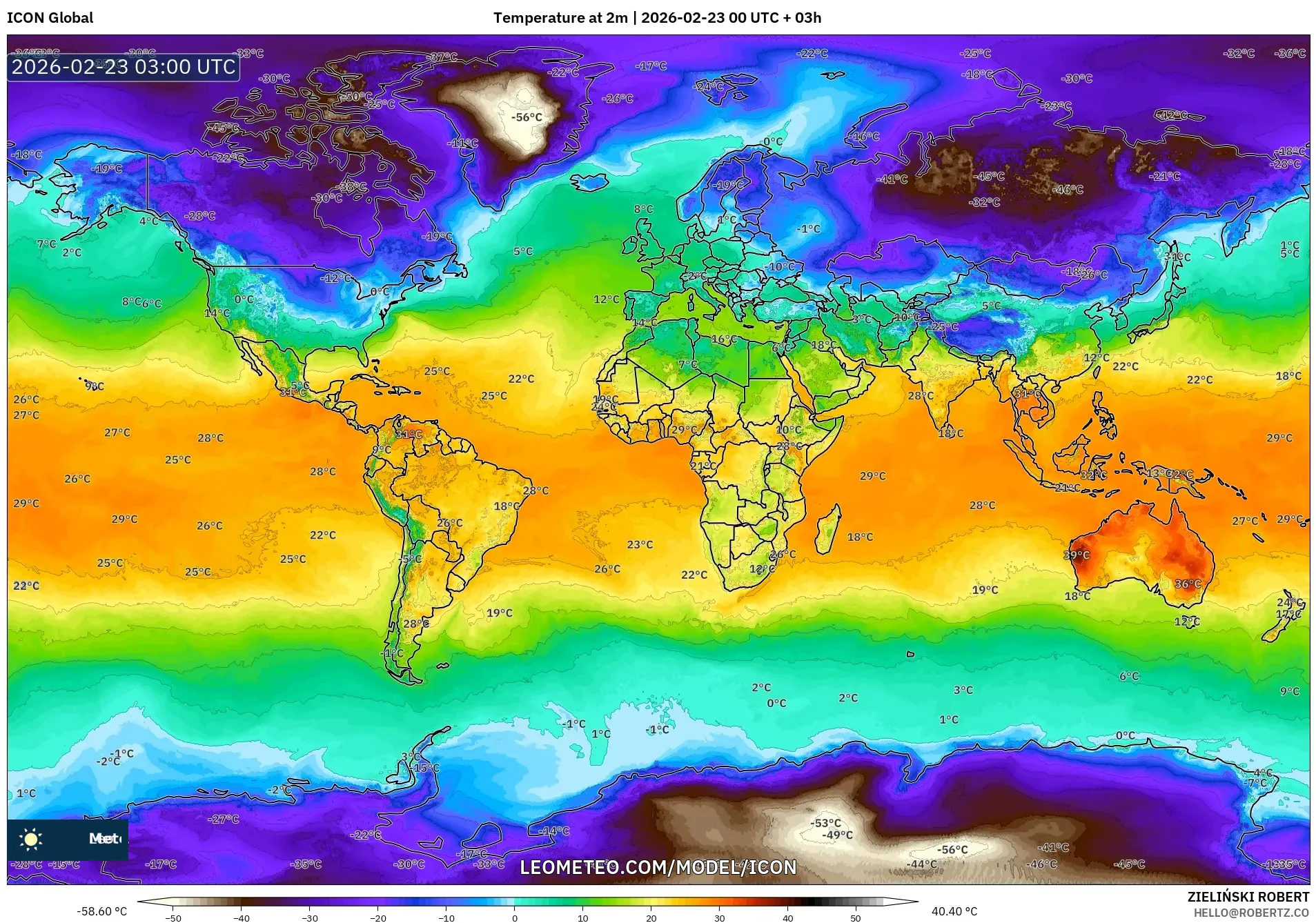 ICON model - العالم, درجة الحرارة على ارتفاع 2 م