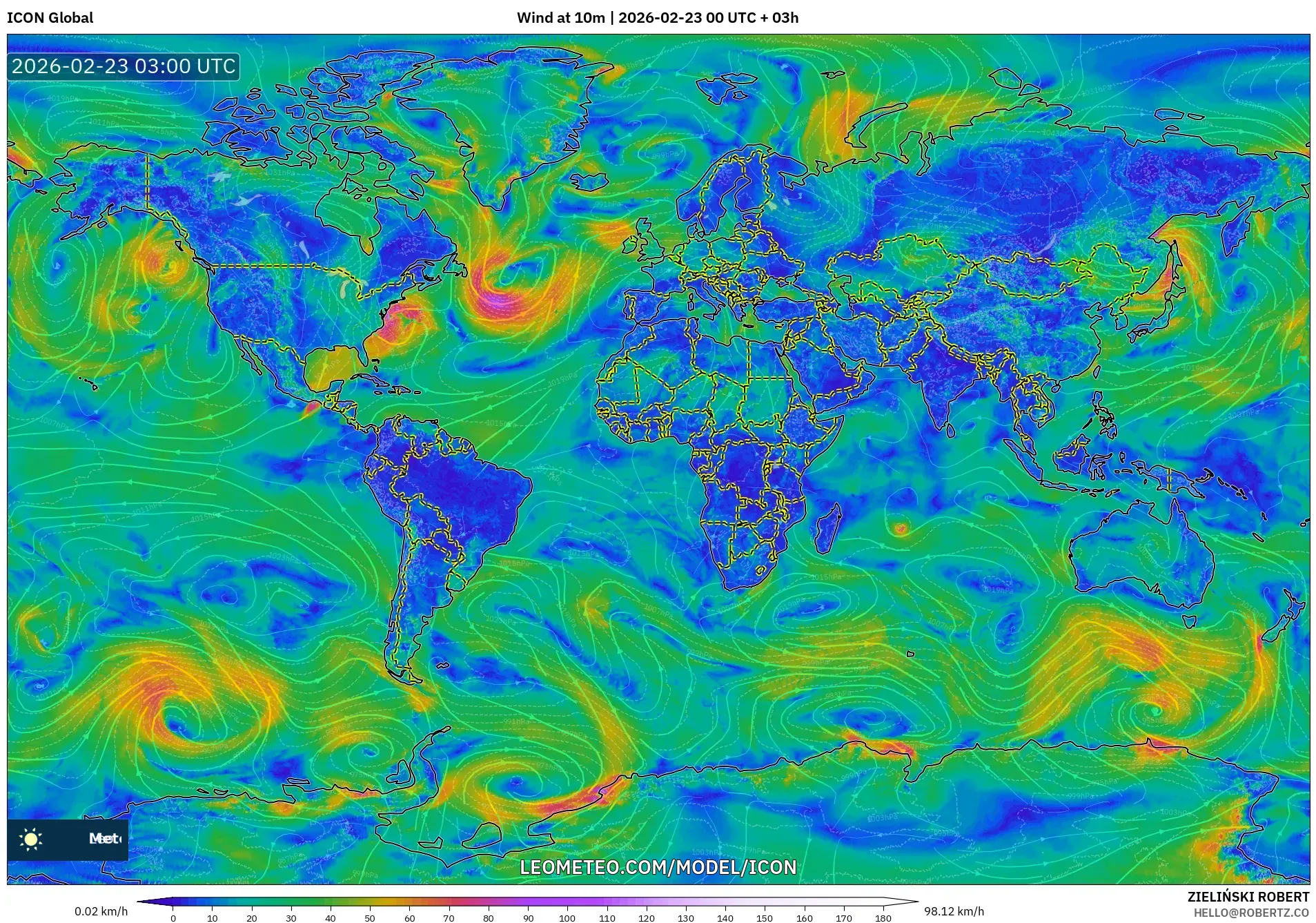 ICON model - العالم, رياح 10 م