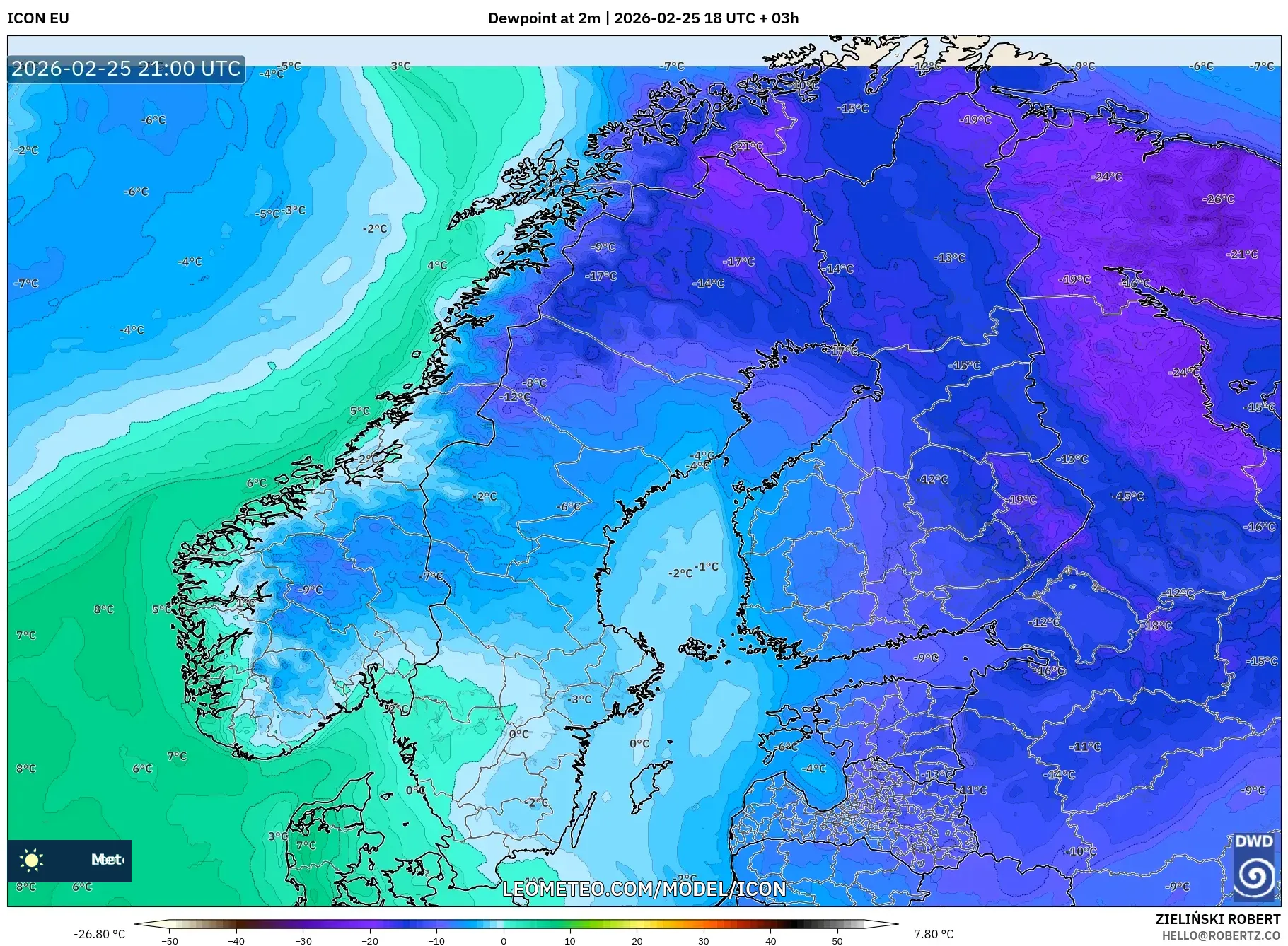 ICON model - Scandinavia, Dewpoint at 2m
