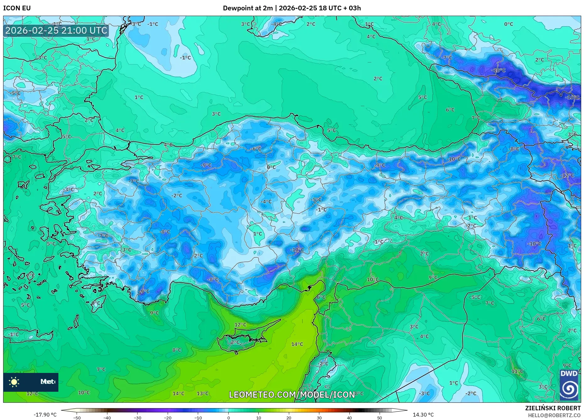 ICON model - Turkey, Dewpoint at 2m
