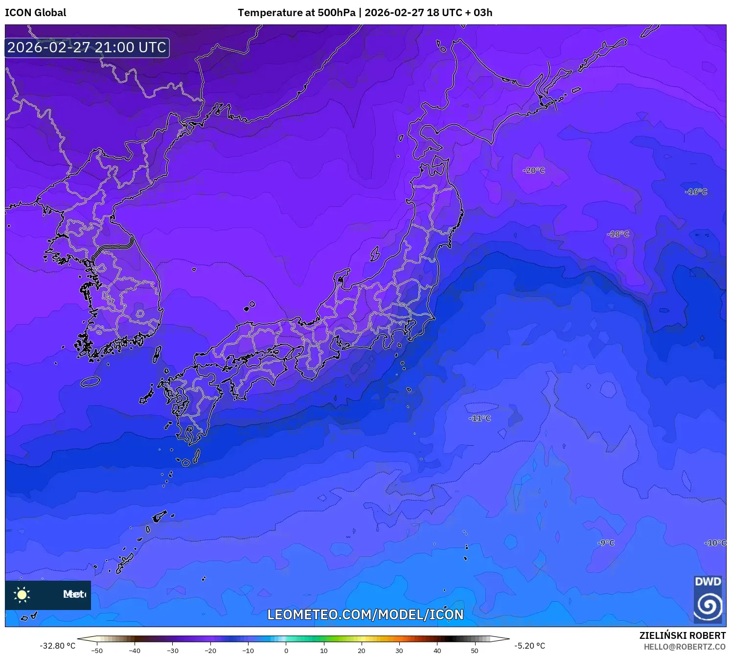 ICON model - Japan, Temperature at 500hPa