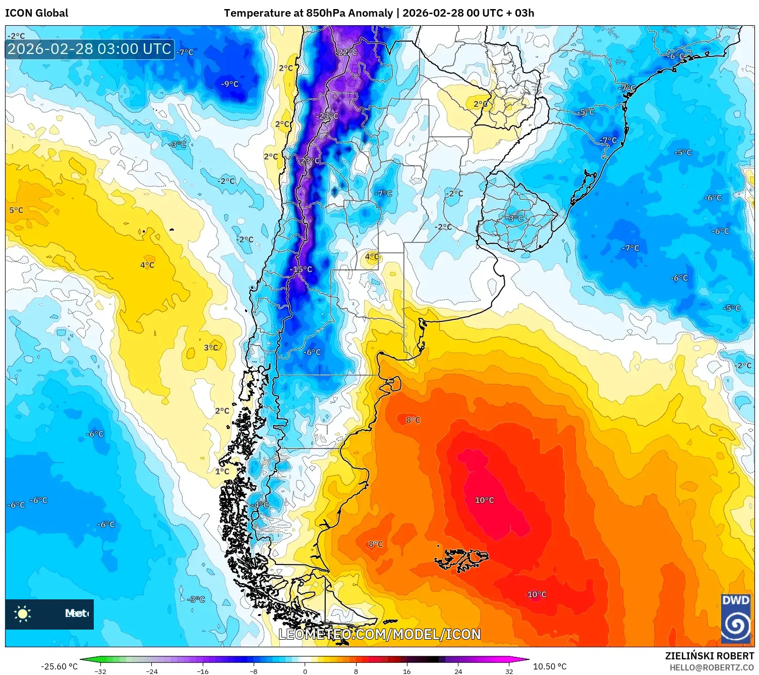 ICON model - Argentina, Temperature at 850hPa Anomaly