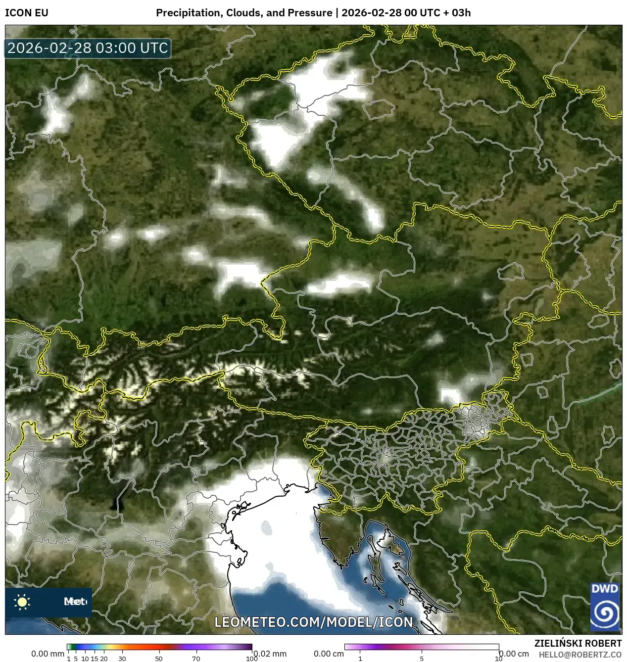 ICON model - Austria, Precipitation, Clouds, and Pressure