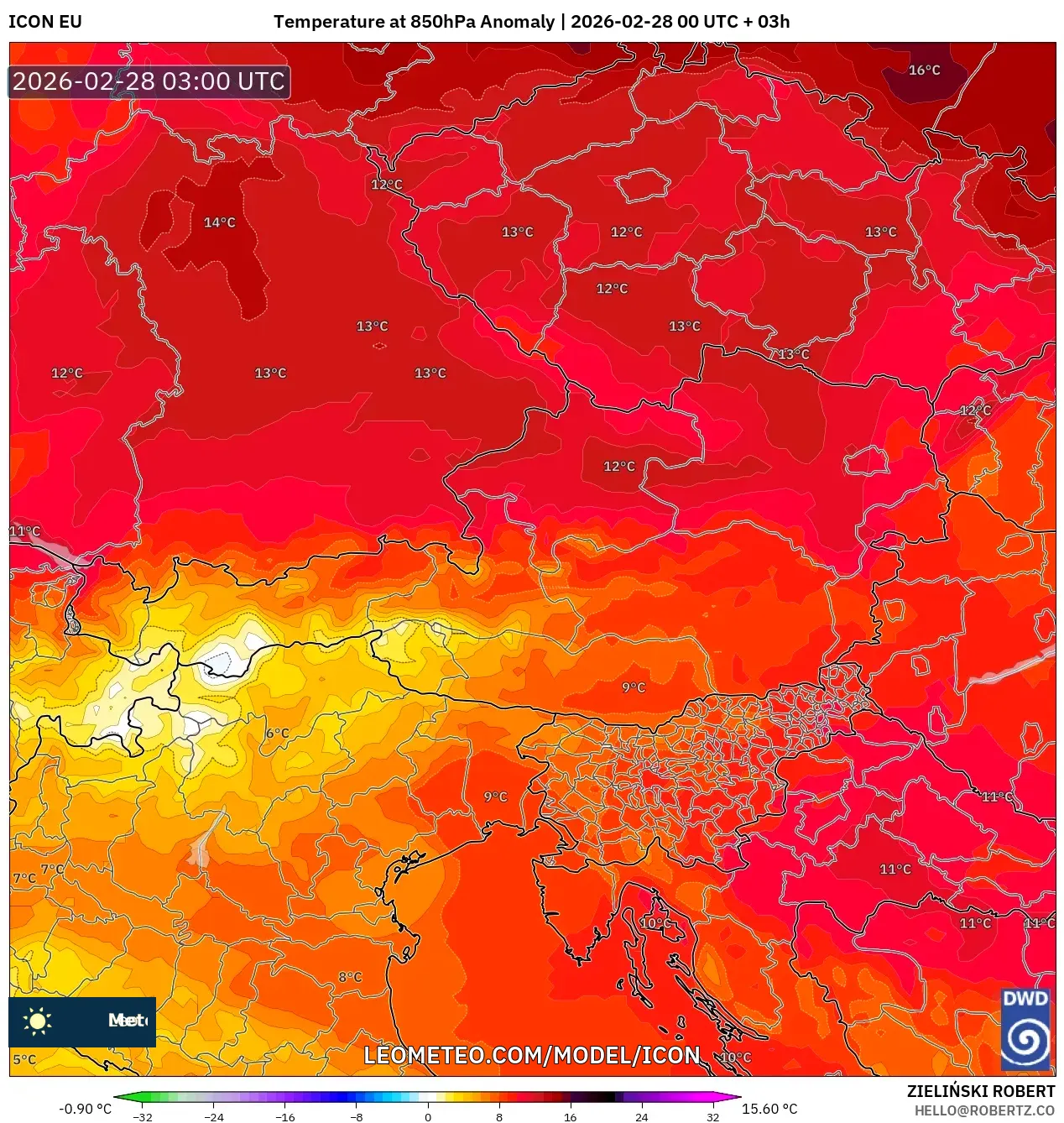 ICON model - Austria, Temperature at 850hPa Anomaly