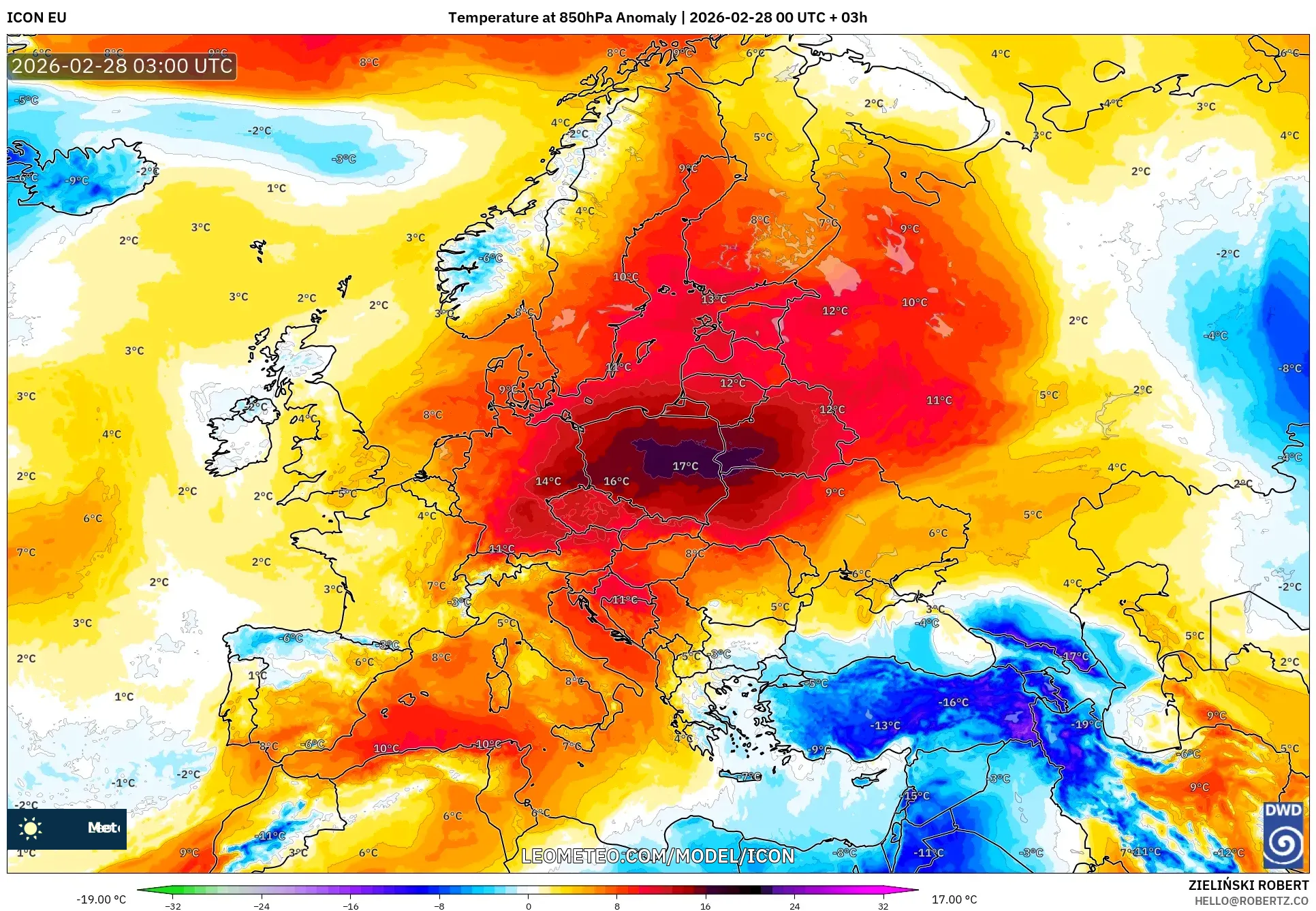 ICON model - Europe, Temperature at 850hPa Anomaly