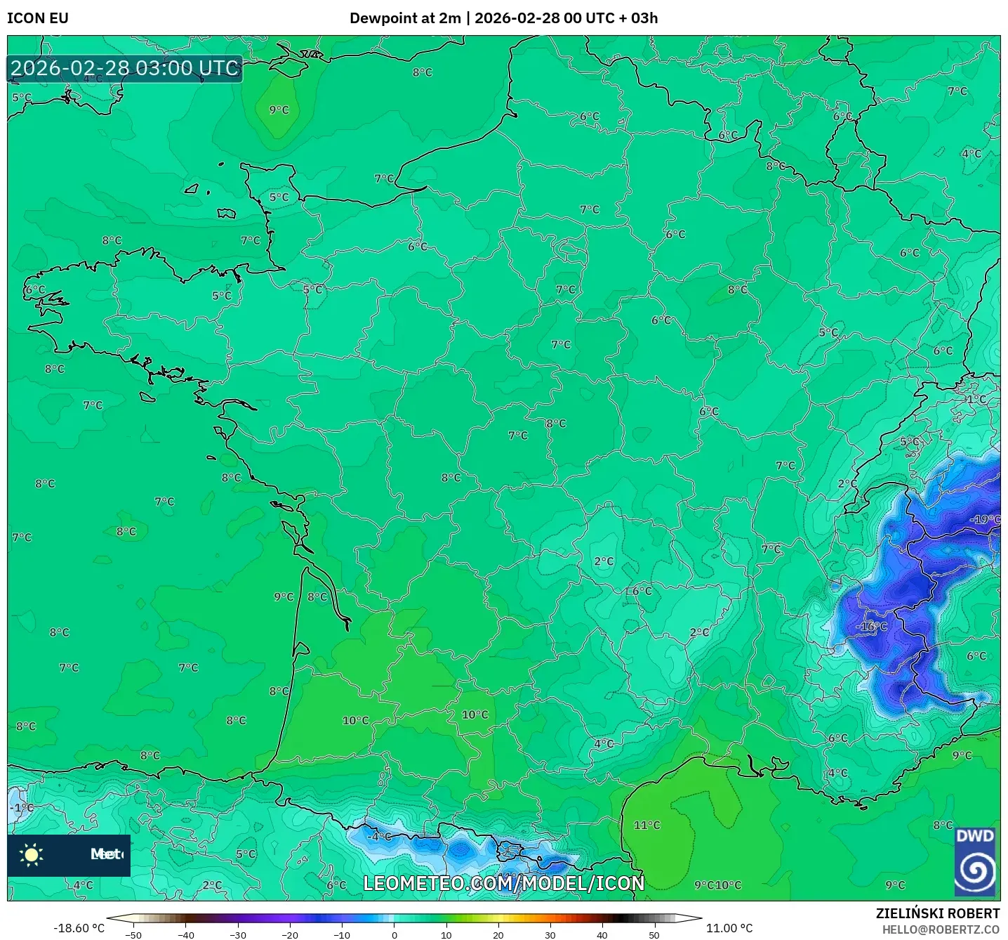 ICON model - France, Dewpoint at 2m