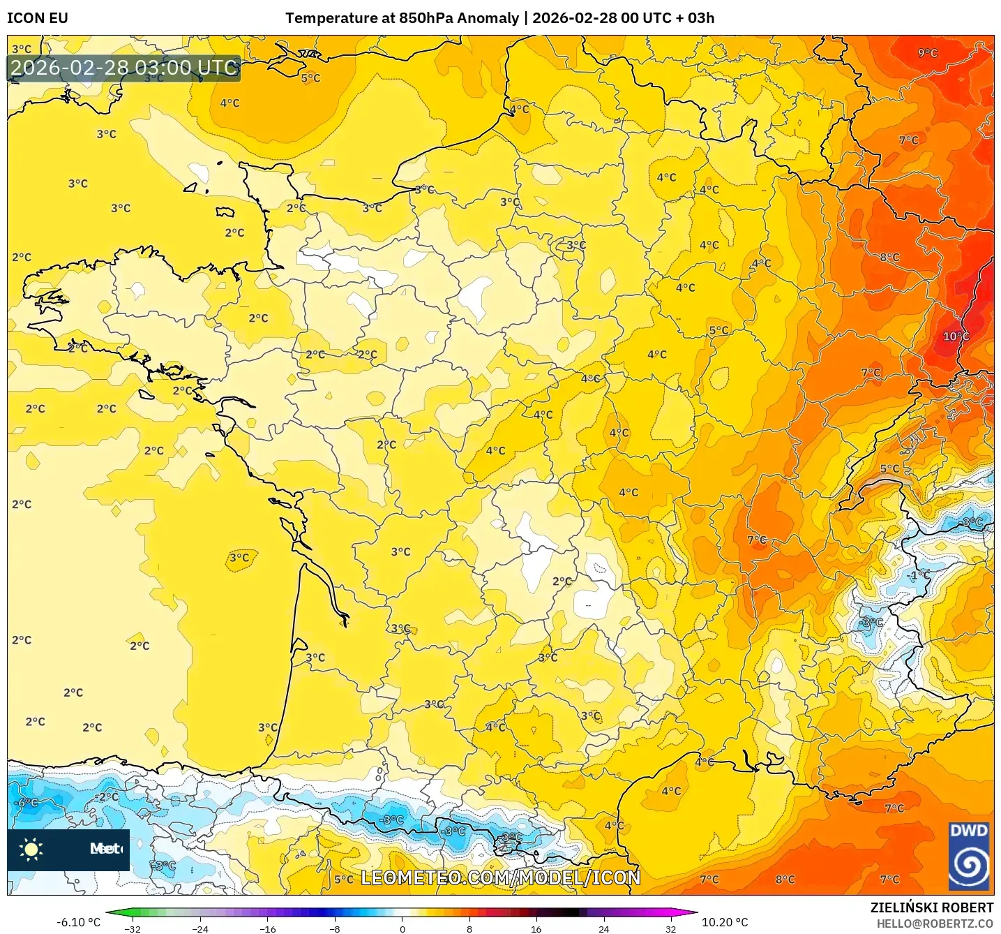 ICON model - France, Temperature at 850hPa Anomaly