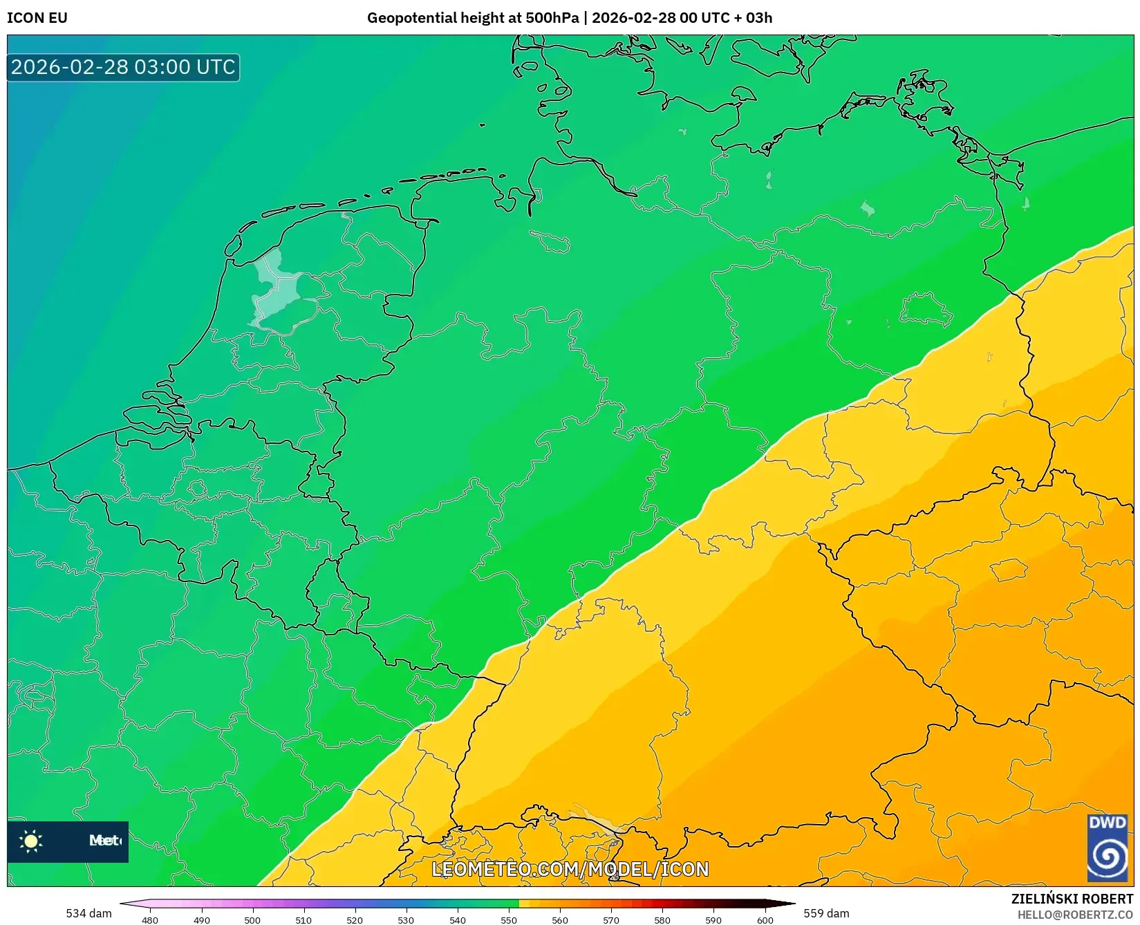 ICON model - Germany, Geopotential height at 500hPa