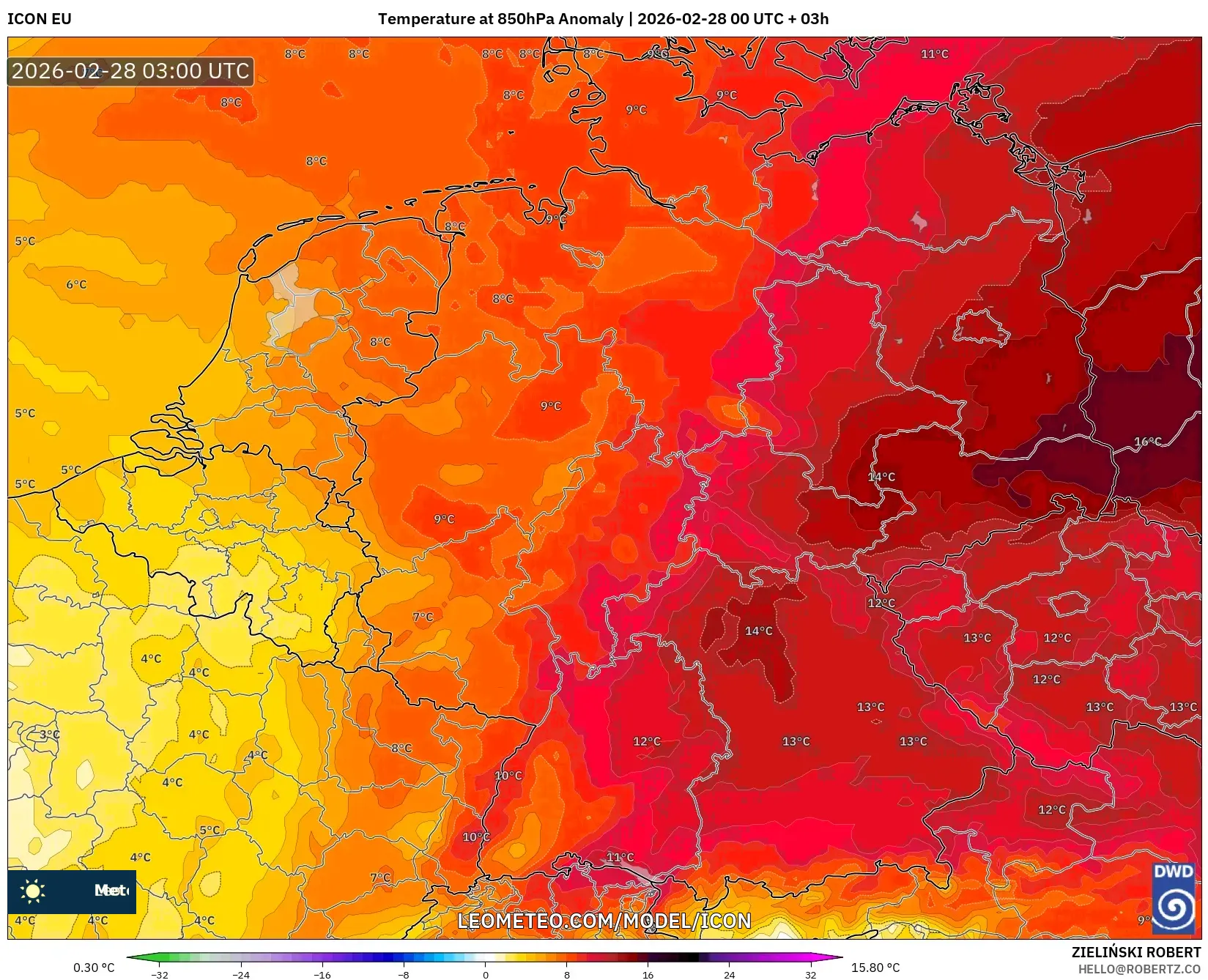 ICON model - Germany, Temperature at 850hPa Anomaly