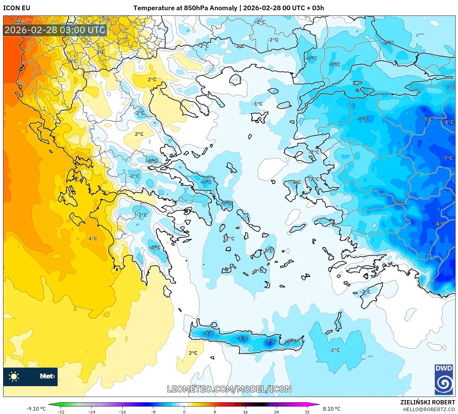 ICON model - Greece, Temperature at 850hPa Anomaly