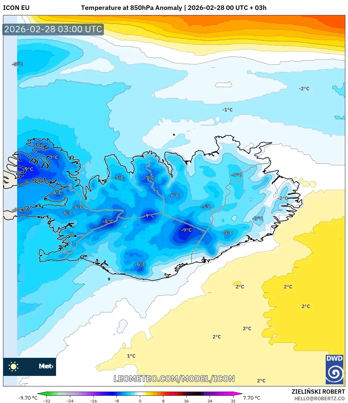 ICON model - Iceland, Temperature at 850hPa Anomaly