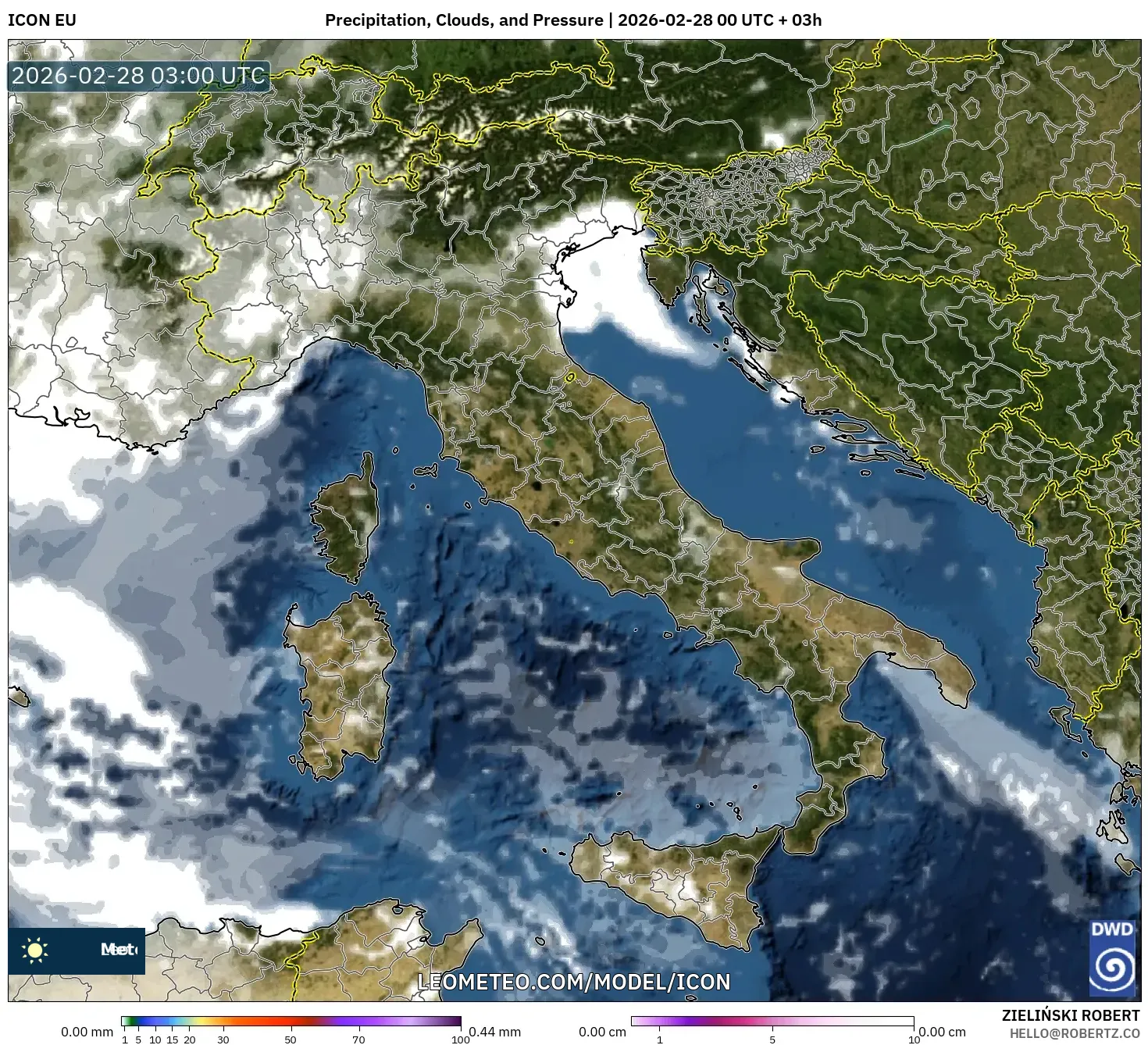ICON model - Italy, Precipitation, Clouds, and Pressure
