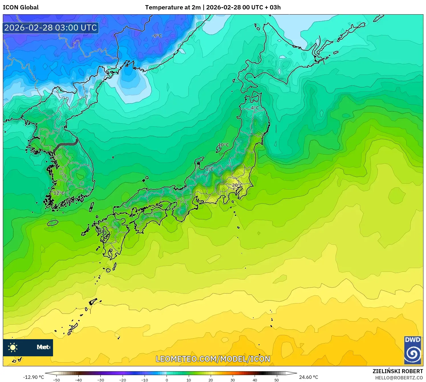 ICON model - Japan, Temperature at 2m