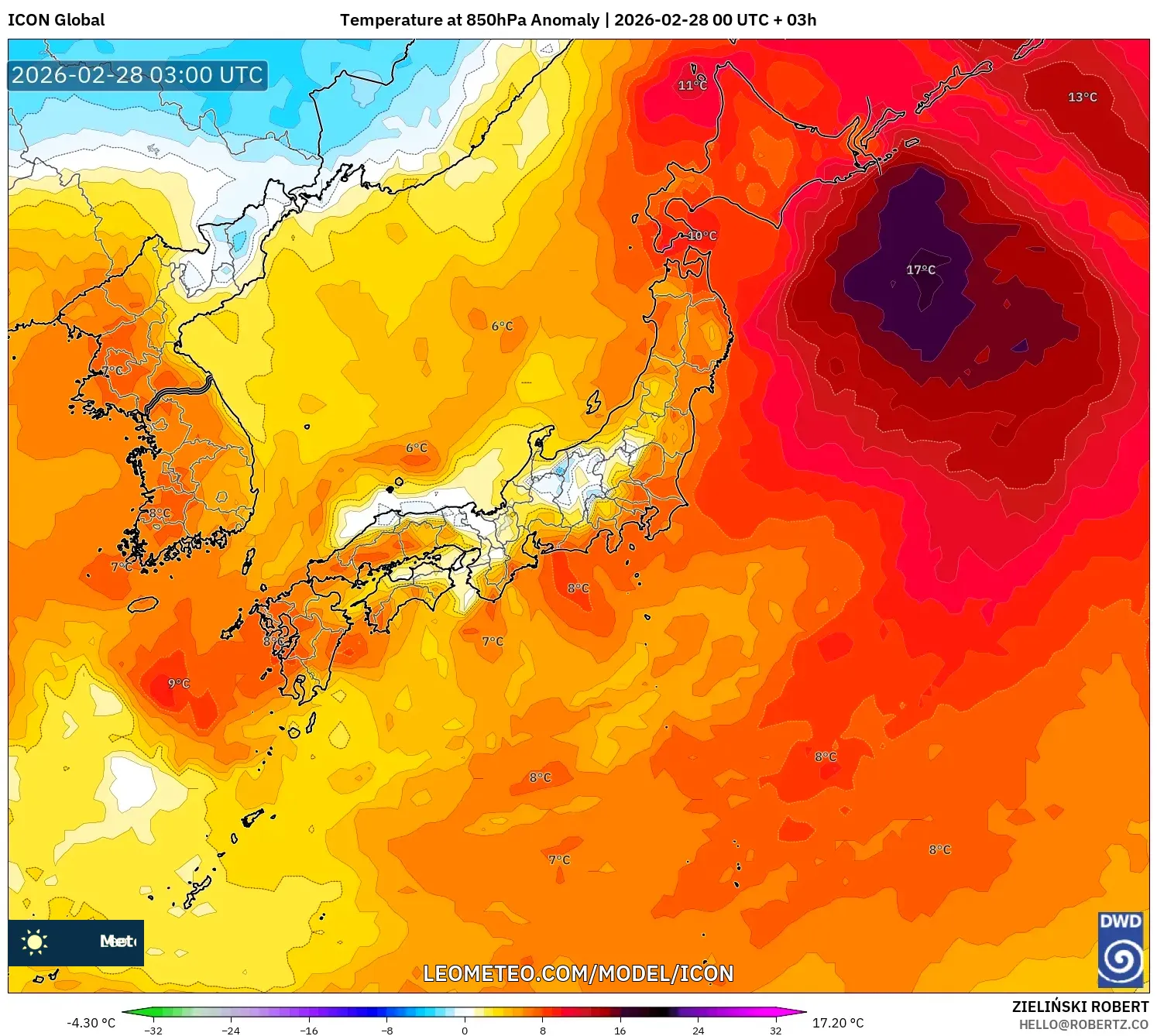 ICON model - Japan, Temperature at 850hPa Anomaly