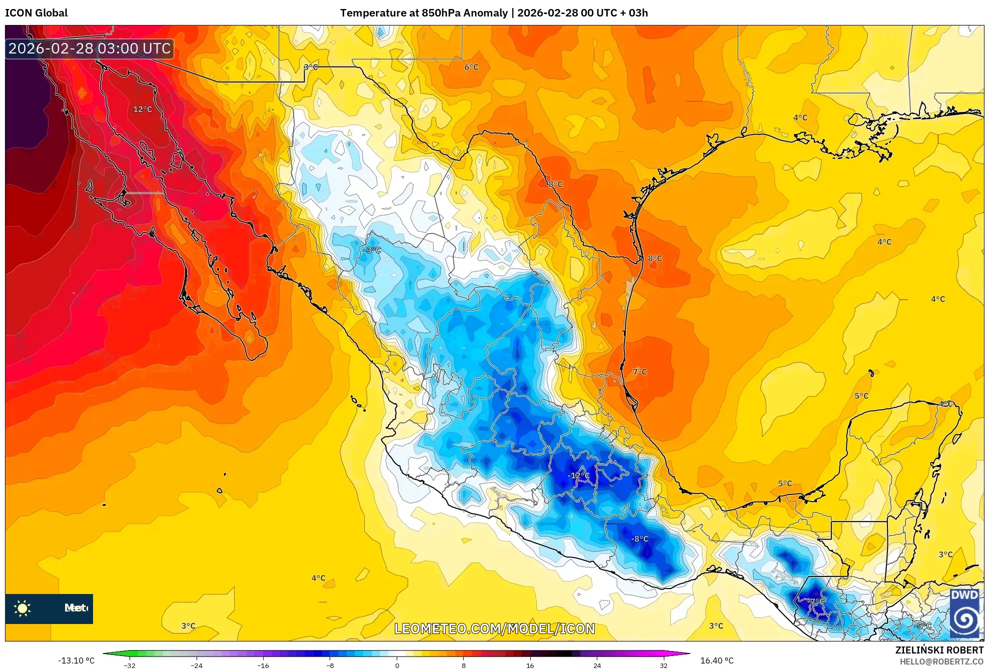 ICON model - Mexico, Temperature at 850hPa Anomaly