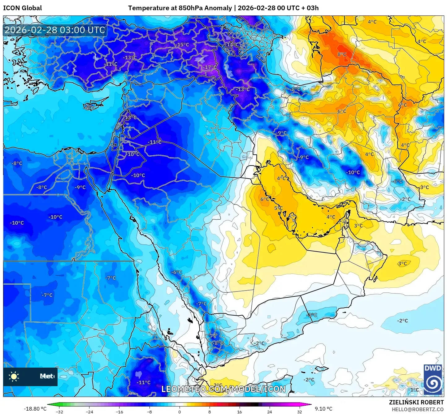 ICON model - Middle East, Temperature at 850hPa Anomaly