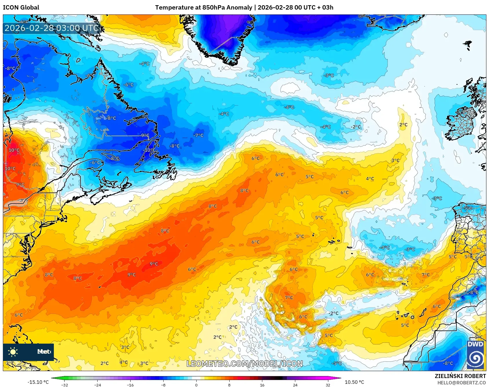 ICON model - North Atlantic, Temperature at 850hPa Anomaly