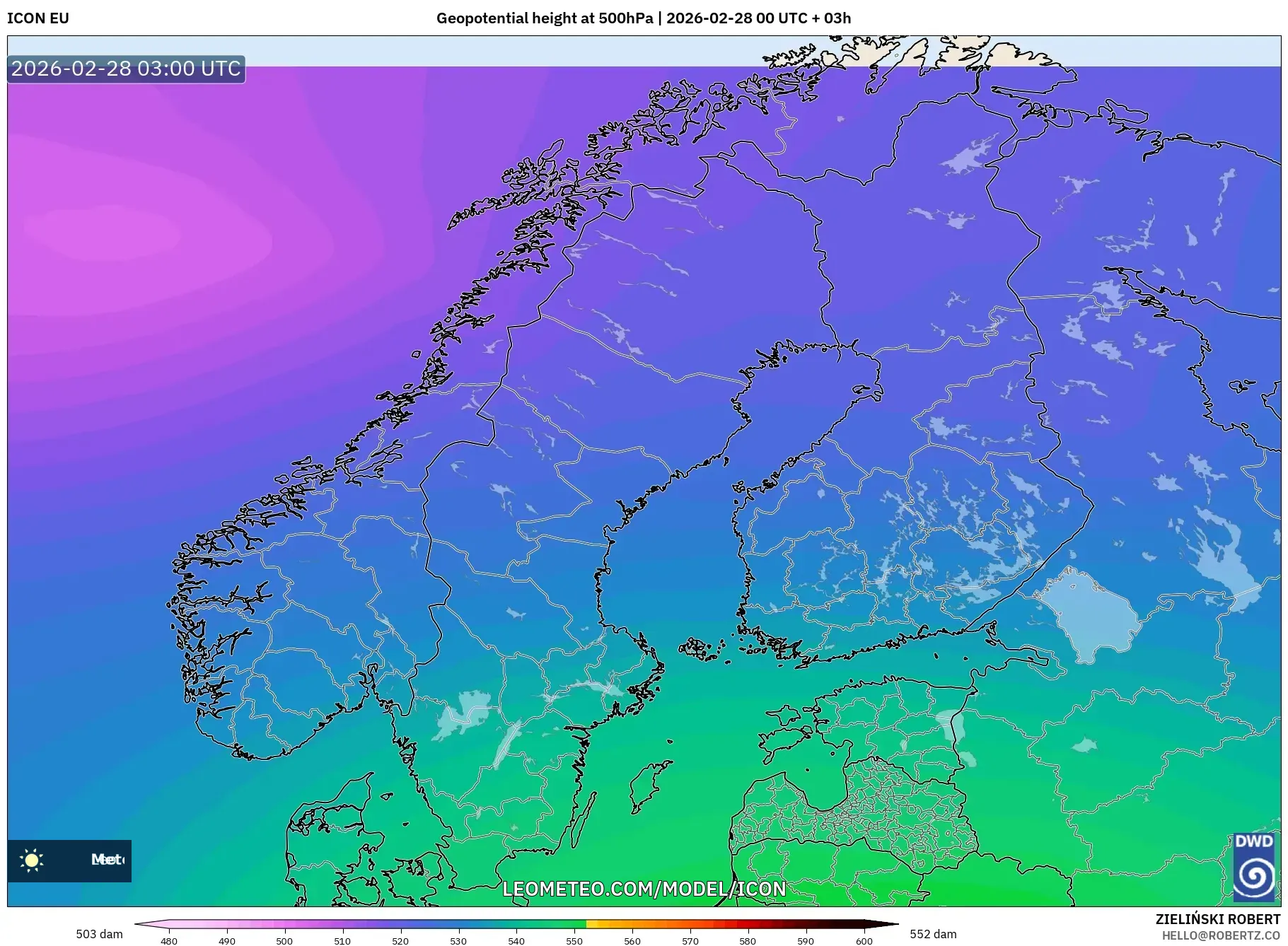 ICON model - Scandinavia, Geopotential height at 500hPa