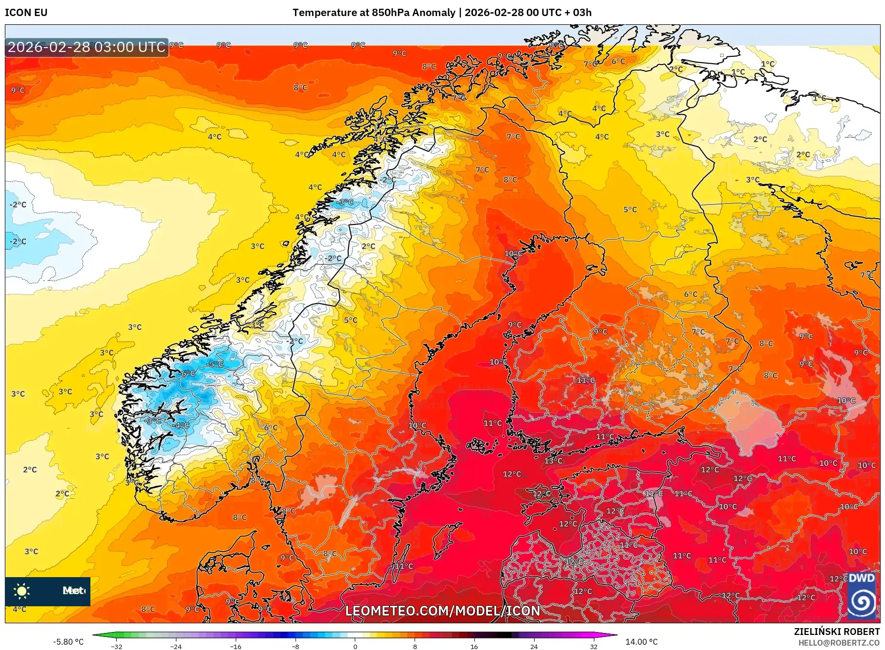 ICON model - Scandinavia, Temperature at 850hPa Anomaly