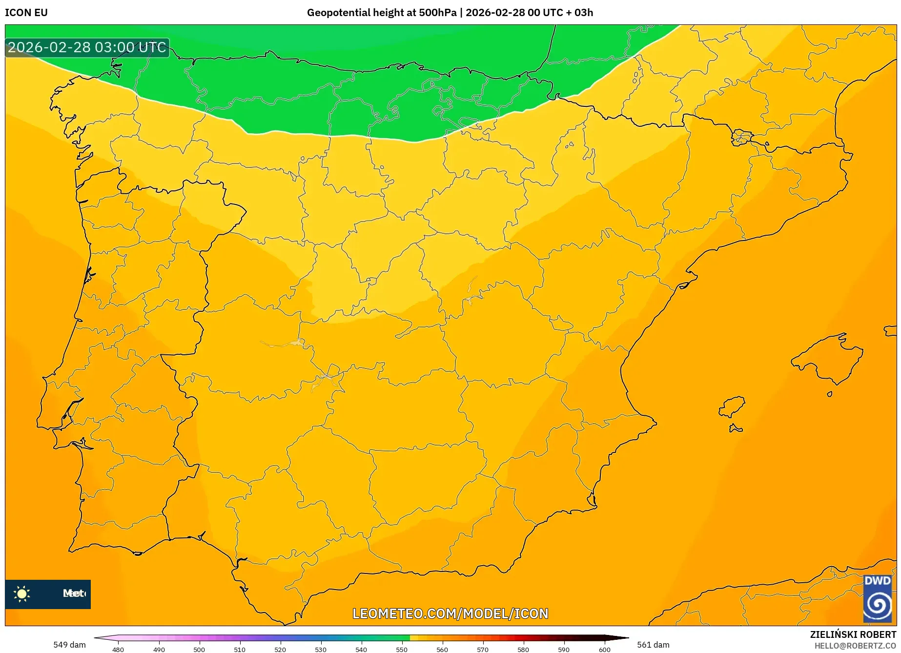 ICON model - Spain, Geopotential height at 500hPa